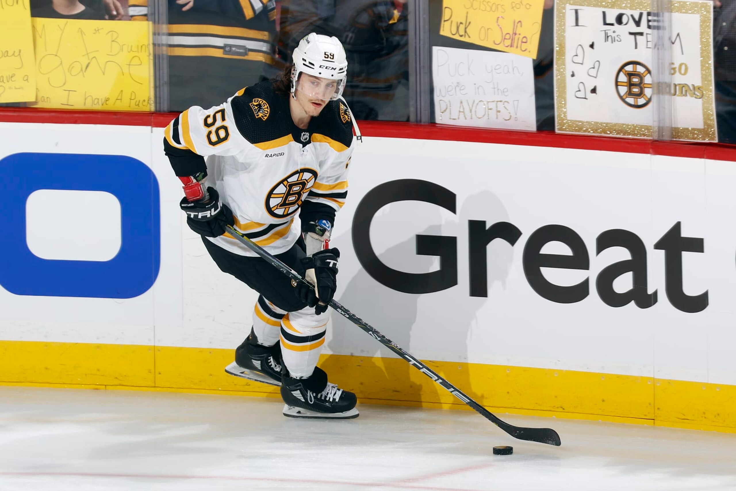 SUNRISE, FL - APRIL 21: Tyler Bertuzzi #59 of the Boston Bruins skates prior to the game against the Florida Panthers in Game Three of the First Round of the 2023 Stanley Cup Playoffs at the FLA Live Arena on April 21, 2023 in Sunrise, Florida. (Photo by Joel Auerbach/Getty Images) SUNRISE, FL - APRIL 21: Tyler Bertuzzi #59 of the Boston Bruins skates prior to the game against the Florida Panthers in Game Three of the First Round of the 2023 Stanley Cup Playoffs at the FLA Live Arena on April 21, 2023 in Sunrise, Florida. (Photo by Joel Auerbach/Getty Images)