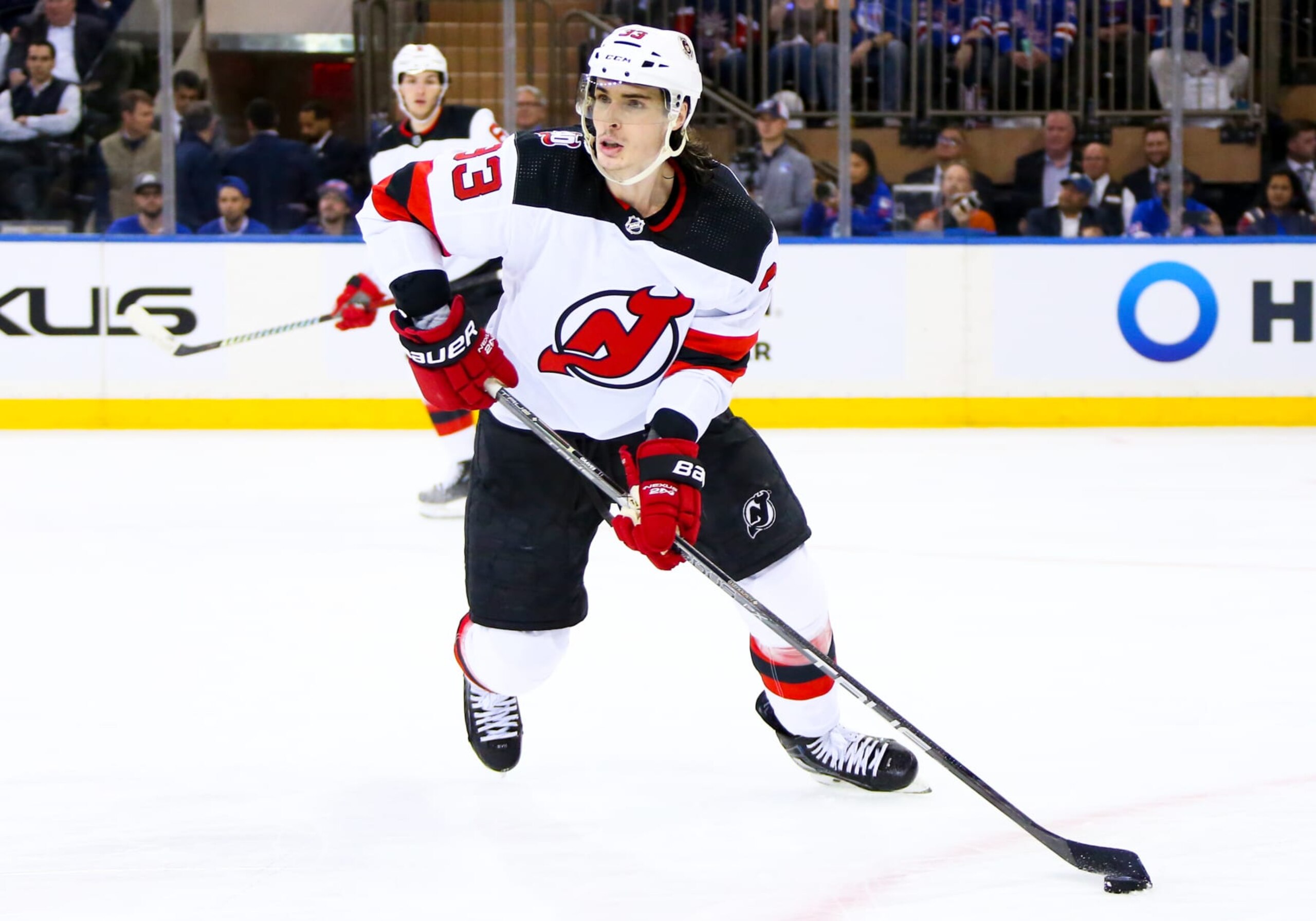 NEW YORK, NY - APRIL 24: New Jersey Devils Defenseman Ryan Graves (33) in action during the third period of Game 4 of the National Hockey League Eastern Conference First Round between the New Jersey Devils and the New York Rangers on April 24, 2023 at Madison Square Garden in New York, NY. (Photo by Joshua Sarner/Icon Sportswire via Getty Images) NEW YORK, NY - APRIL 24: New Jersey Devils Defenseman Ryan Graves (33) in action during the third period of Game 4 of the National Hockey League Eastern Conference First Round between the New Jersey Devils and the New York Rangers on April 24, 2023 at Madison Square Garden in New York, NY. (Photo by Joshua Sarner/Icon Sportswire via Getty Images)