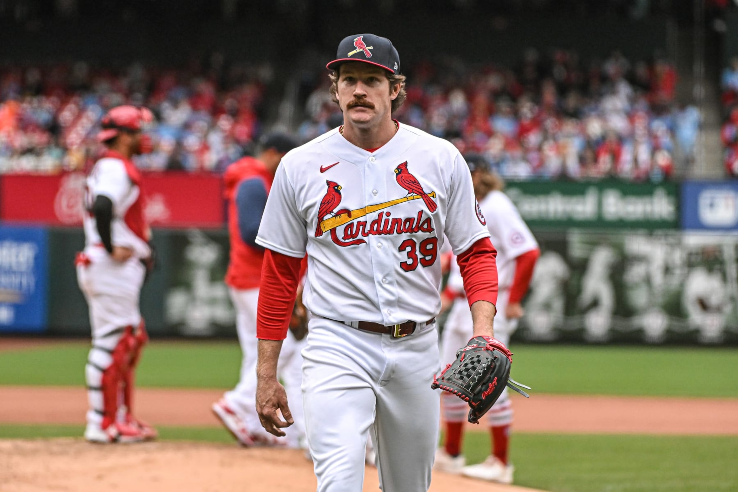ST. LOUIS, MO - APRIL 16: St. Louis Cardinals starting pitcher Miles Mikolas (39) walks off the field after another quality start during a game between the Pittsburgh Pirates and the St. Louis Cardinals on Apr 16, 2022, at Busch Stadium in St. Louis MO (Photo by Rick Ulreich/Icon Sportswire via Getty Images) ST. LOUIS, MO - APRIL 16: St. Louis Cardinals starting pitcher Miles Mikolas (39) walks off the field after another quality start during a game between the Pittsburgh Pirates and the St. Louis Cardinals on Apr 16, 2022, at Busch Stadium in St. Louis MO (Photo by Rick Ulreich/Icon Sportswire via Getty Images)