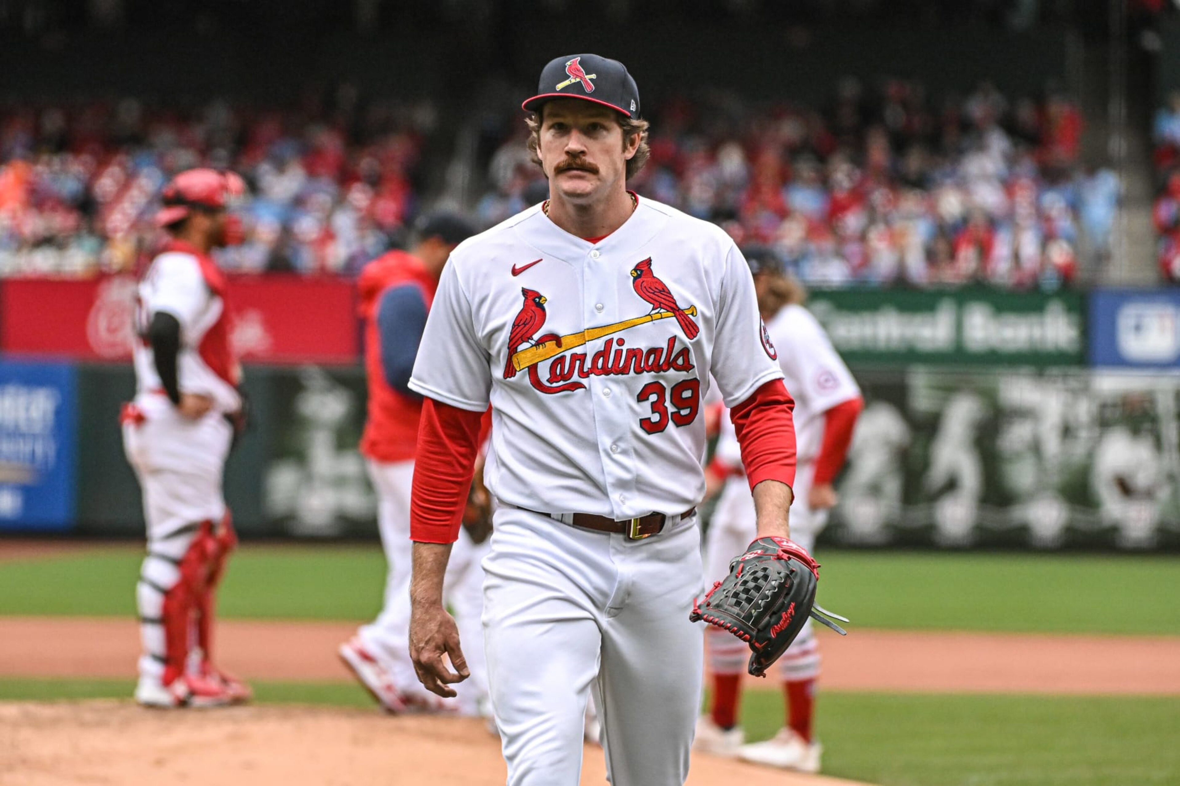 ST. LOUIS, MO - APRIL 16: St. Louis Cardinals starting pitcher Miles Mikolas (39) walks off the field after another quality start during a game between the Pittsburgh Pirates and the St. Louis Cardinals on Apr 16, 2022, at Busch Stadium in St. Louis MO (Photo by Rick Ulreich/Icon Sportswire via Getty Images)