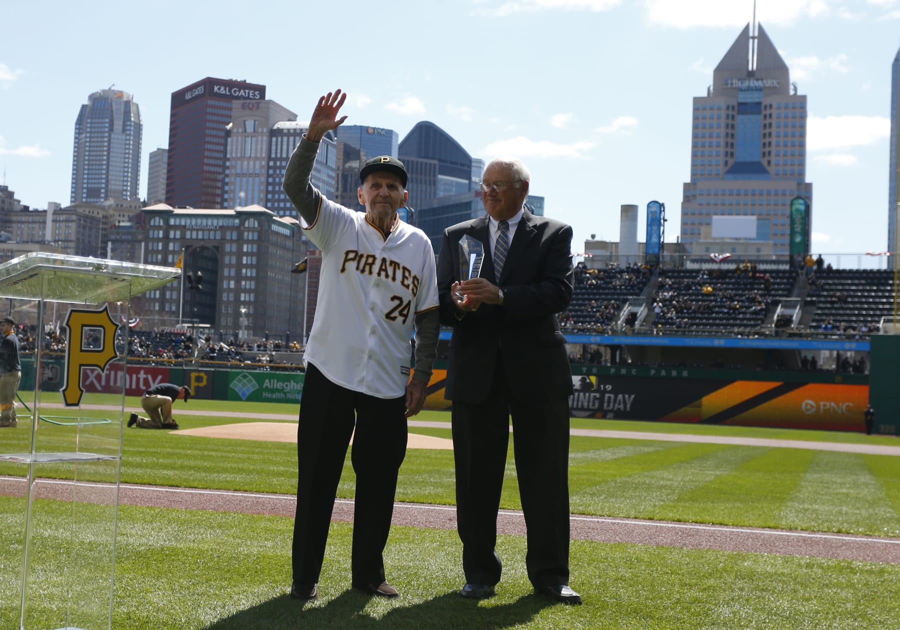 PITTSBURGH, PA - APRIL 01:  Dick Groat is seen with Steve Blass before the game against the St. Louis Cardinals on Opening Day at PNC Park on April 1, 2019 in Pittsburgh, Pennsylvania.  (Photo by Justin K. Aller/Getty Images)