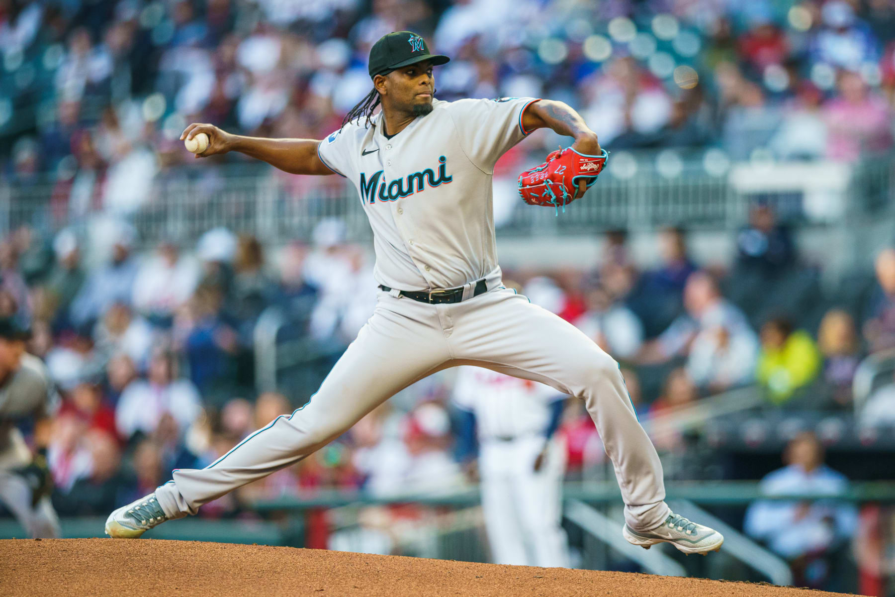 ATLANTA, GA - APRIL 24: Miami Marlins starting pitcher Edward Cabrera #27 pitches during the first inning against the Atlanta Braves at Truist Park on April 24, 2023 in Atlanta, Georgia. (Photo by Matthew Grimes Jr./Atlanta Braves/Getty Images)