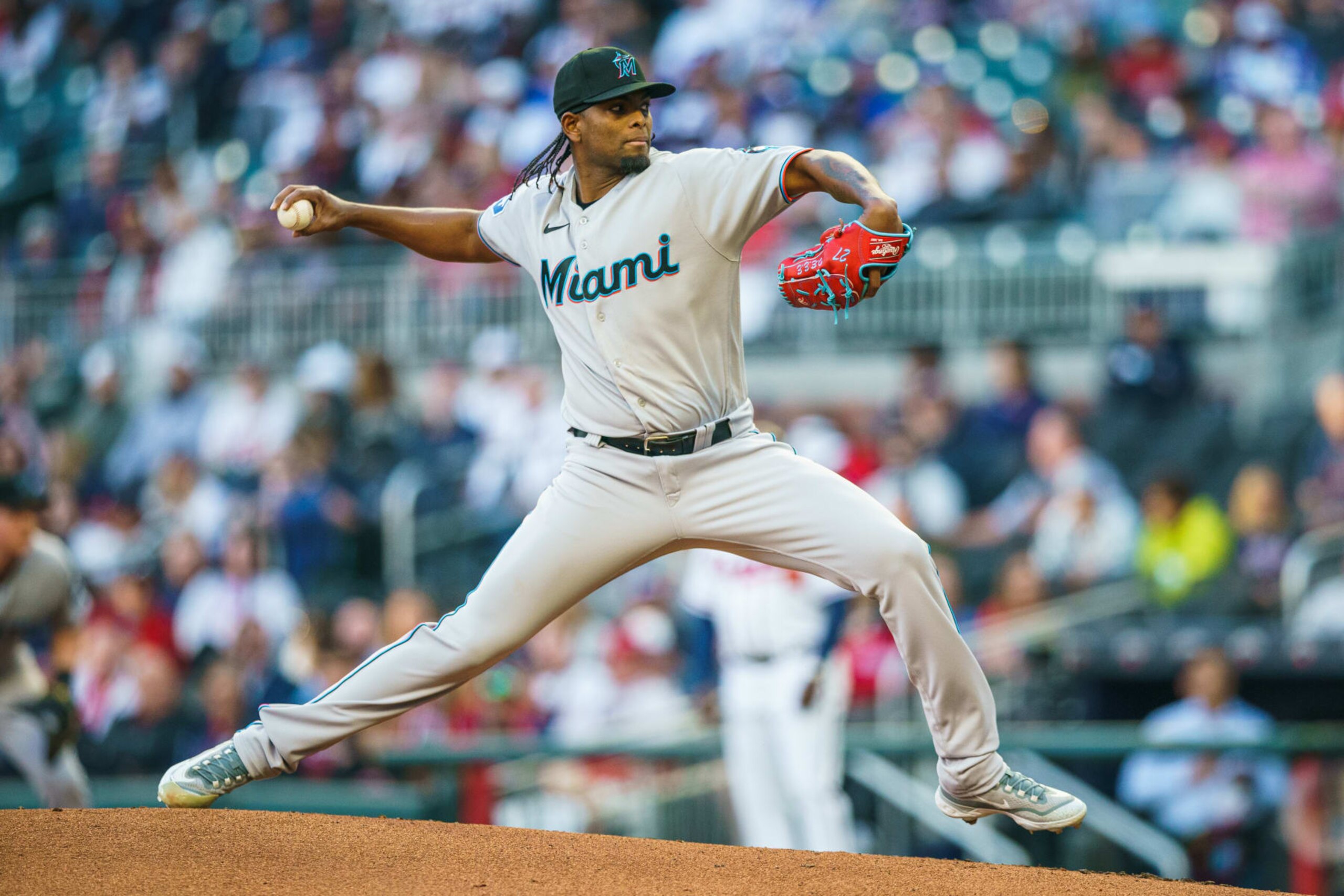 ATLANTA, GA - APRIL 24: Miami Marlins starting pitcher Edward Cabrera #27 pitches during the first inning against the Atlanta Braves at Truist Park on April 24, 2023 in Atlanta, Georgia. (Photo by Matthew Grimes Jr./Atlanta Braves/Getty Images) ATLANTA, GA - APRIL 24: Miami Marlins starting pitcher Edward Cabrera #27 pitches during the first inning against the Atlanta Braves at Truist Park on April 24, 2023 in Atlanta, Georgia. (Photo by Matthew Grimes Jr./Atlanta Braves/Getty Images)