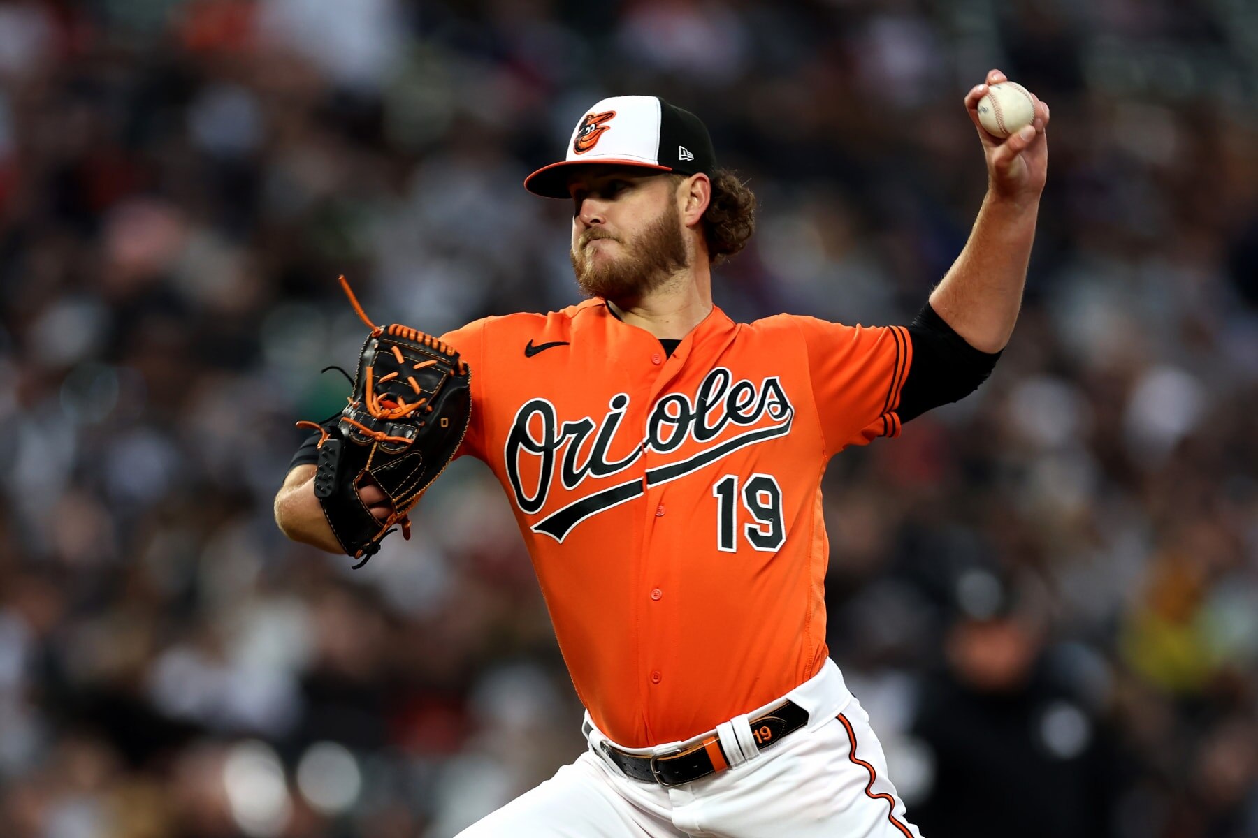 BALTIMORE, MARYLAND - APRIL 08: Starting pitcher Cole Irvin #19 of the Baltimore Orioles throws to a New York Yankees batter in the first inning at Oriole Park at Camden Yards on April 08, 2023 in Baltimore, Maryland. (Photo by Rob Carr/Getty Images)