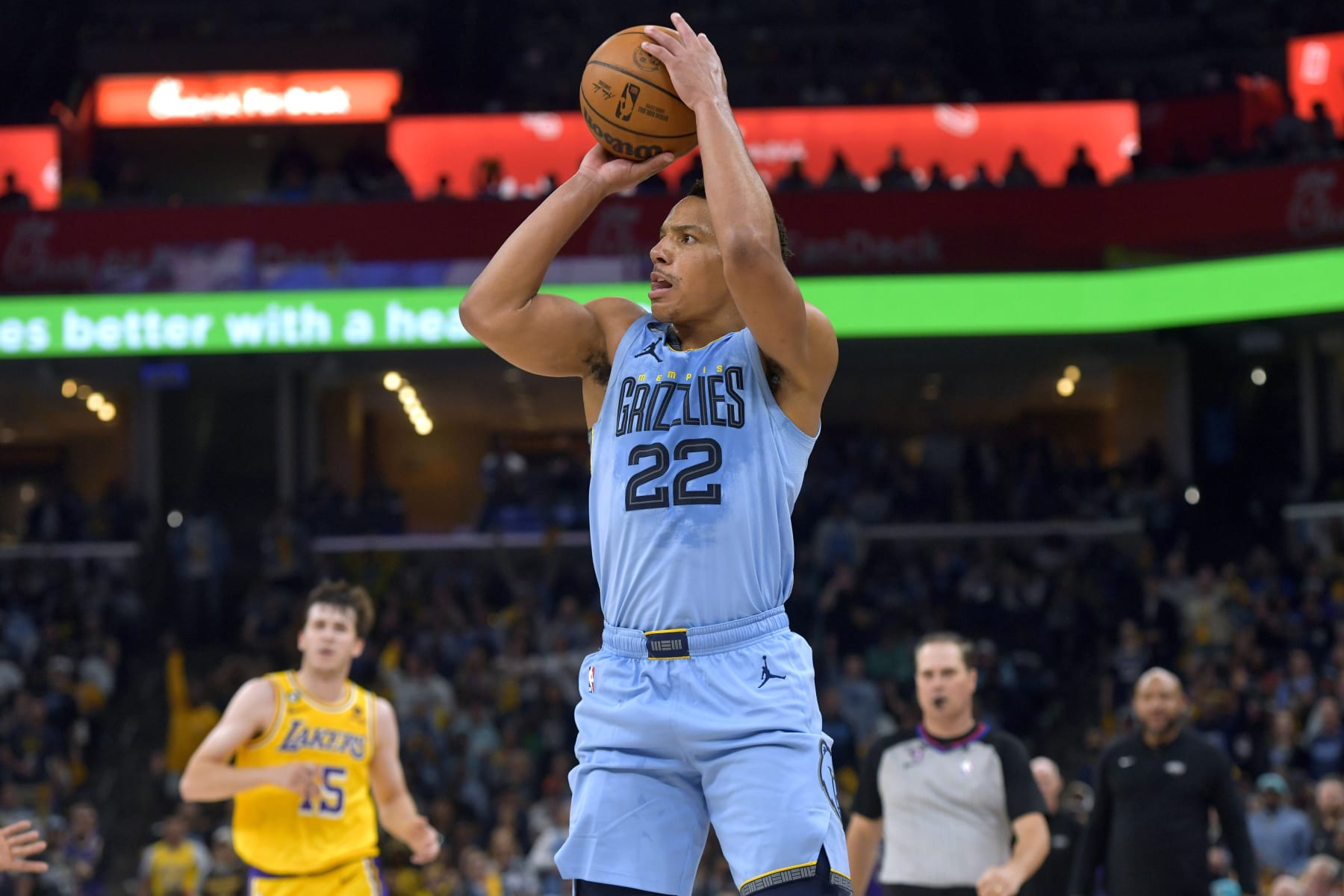 Memphis Grizzlies guard Desmond Bane (22) shoots against the Los Angeles Lakers during the first half of Game 5 in a first-round NBA basketball playoff series Wednesday, April 26, 2023, in Memphis, Tenn. (AP Photo/Brandon Dill)
