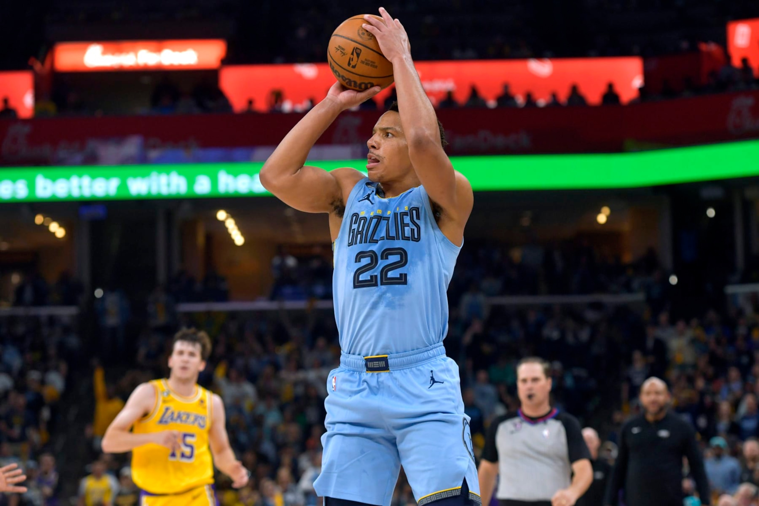 Memphis Grizzlies guard Desmond Bane (22) shoots against the Los Angeles Lakers during the first half of Game 5 in a first-round NBA basketball playoff series Wednesday, April 26, 2023, in Memphis, Tenn. (AP Photo/Brandon Dill)