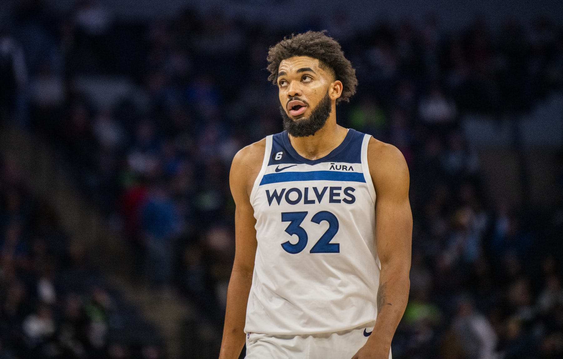 MINNEAPOLIS, MN - NOVEMBER 07: Karl-Anthony Towns #32 of the Minnesota Timberwolves looks on in the third quarter of the game against the New York Knicks at Target Center on November 7, 2022 in Minneapolis, Minnesota. NOTE TO USER: User expressly acknowledges and agrees that, by downloading and or using this photograph, User is consenting to the terms and conditions of the Getty Images License Agreement. (Photo by Stephen Maturen/Getty Images)
