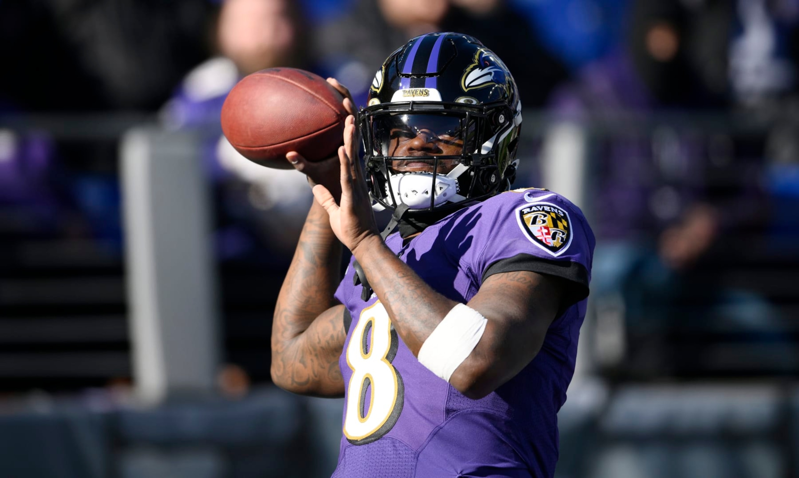 Baltimore Ravens quarterback Lamar Jackson (8) warms up prior to the start of an NFL football game against the Carolina Panthers Sunday, Nov. 20, 2022, in Baltimore. (AP Photo/Nick Wass) Baltimore Ravens quarterback Lamar Jackson (8) warms up prior to the start of an NFL football game against the Carolina Panthers Sunday, Nov. 20, 2022, in Baltimore. (AP Photo/Nick Wass)