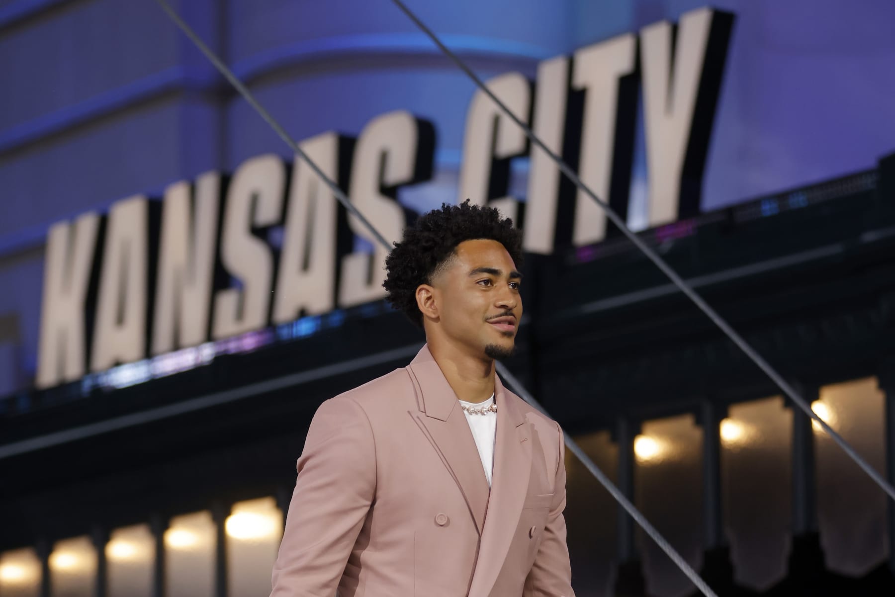 KANSAS CITY, MISSOURI - APRIL 27: Top prospect Bryce Young is introduced during the first round of the 2023 NFL Draft at Union Station on April 27, 2023 in Kansas City, Missouri. (Photo by David Eulitt/Getty Images)