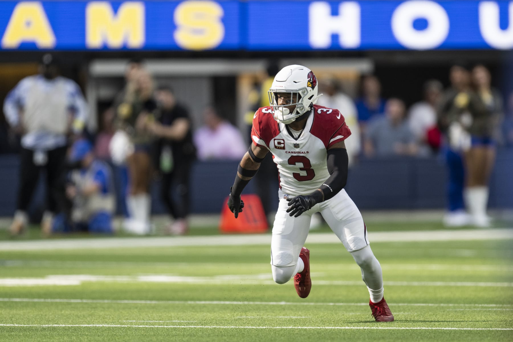 Arizona Cardinals safety Budda Baker (3) runs during an NFL football game against the Los Angeles Rams, Sunday, Nov. 13, 2022, in Inglewood, Calif. (AP Photo/Kyusung Gong)