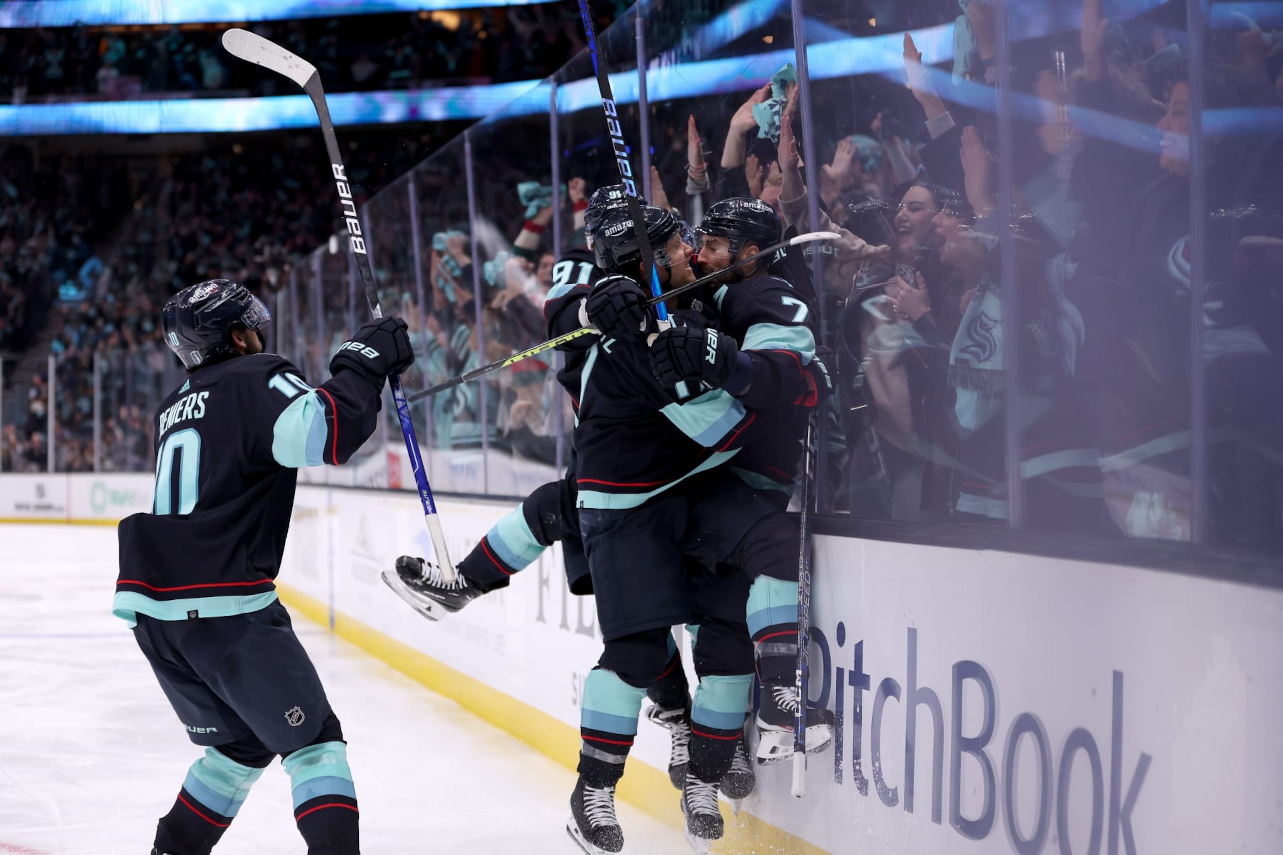 SEATTLE, WASHINGTON - APRIL 24: Jordan Eberle #7 of the Seattle Kraken celebrates his overtime-winning goal against the Colorado Avalanche in Game Four of the First Round of the 2023 Stanley Cup Playoffs at Climate Pledge Arena on April 24, 2023 in Seattle, Washington. (Photo by Steph Chambers/Getty Images)
