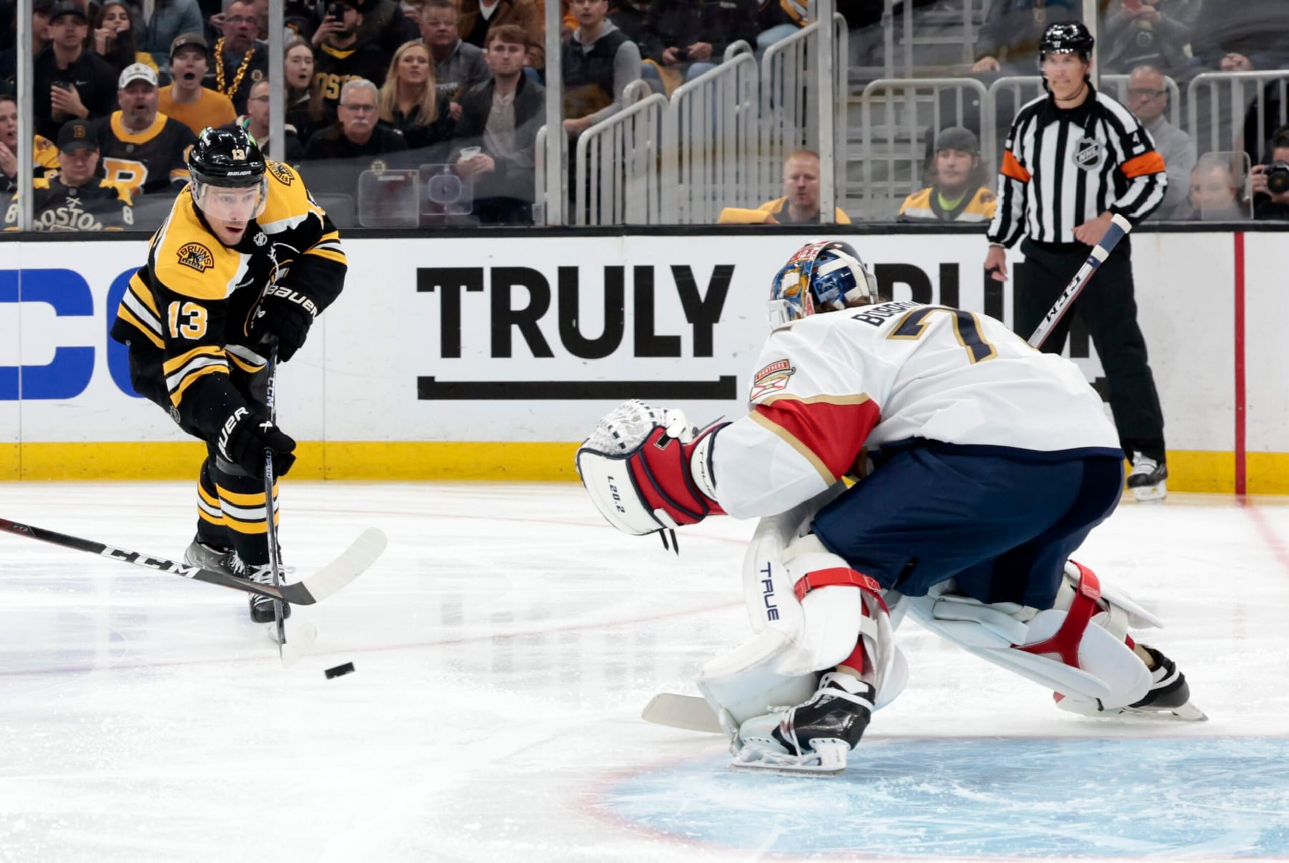BOSTON, MA - APRIL 26: Boston Bruins center Charlie Coyle (13) shoots on Florida Panthers goalie Sergei Bobrovsky (72) during Game 5 of an Eastern Conference First Round playoff contest between the Boston Bruins and the Florida Panthers on April 26, 2023, at TD Garden in Boston, Massachusetts.(Photo by Fred Kfoury III/Icon Sportswire via Getty Images)