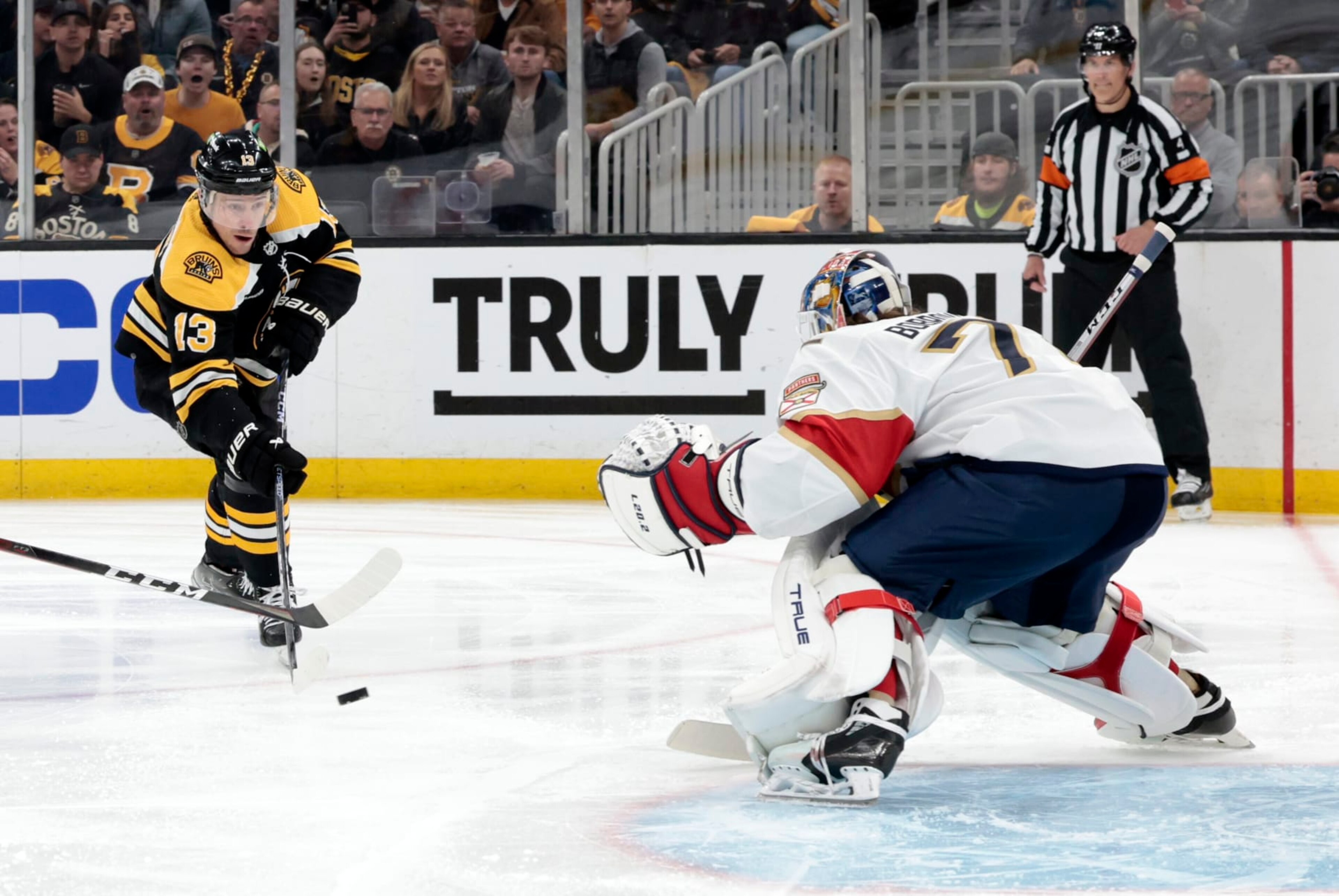BOSTON, MA - APRIL 26: Boston Bruins center Charlie Coyle (13) shoots on Florida Panthers goalie Sergei Bobrovsky (72) during Game 5 of an Eastern Conference First Round playoff contest between the Boston Bruins and the Florida Panthers on April 26, 2023, at TD Garden in Boston, Massachusetts.(Photo by Fred Kfoury III/Icon Sportswire via Getty Images)