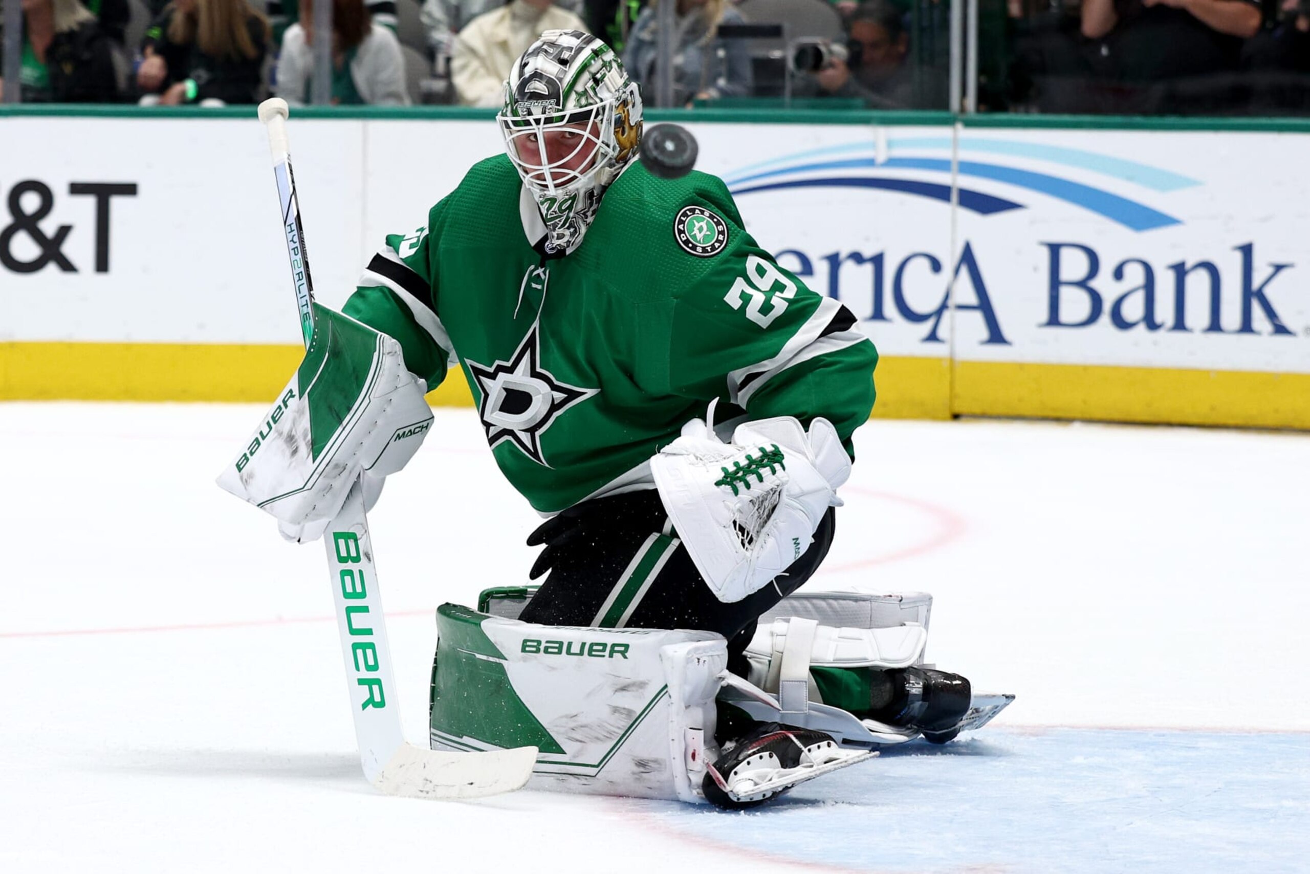 DALLAS, TEXAS - APRIL 25: Jake Oettinger #29 of the Dallas Stars blocks a shot on goal against the Minnesota Wild in the second period in Game Five of the First Round of the 2023 Stanley Cup Playoffs at American Airlines Center on April 25, 2023 in Dallas, Texas. (Photo by Tom Pennington/Getty Images)