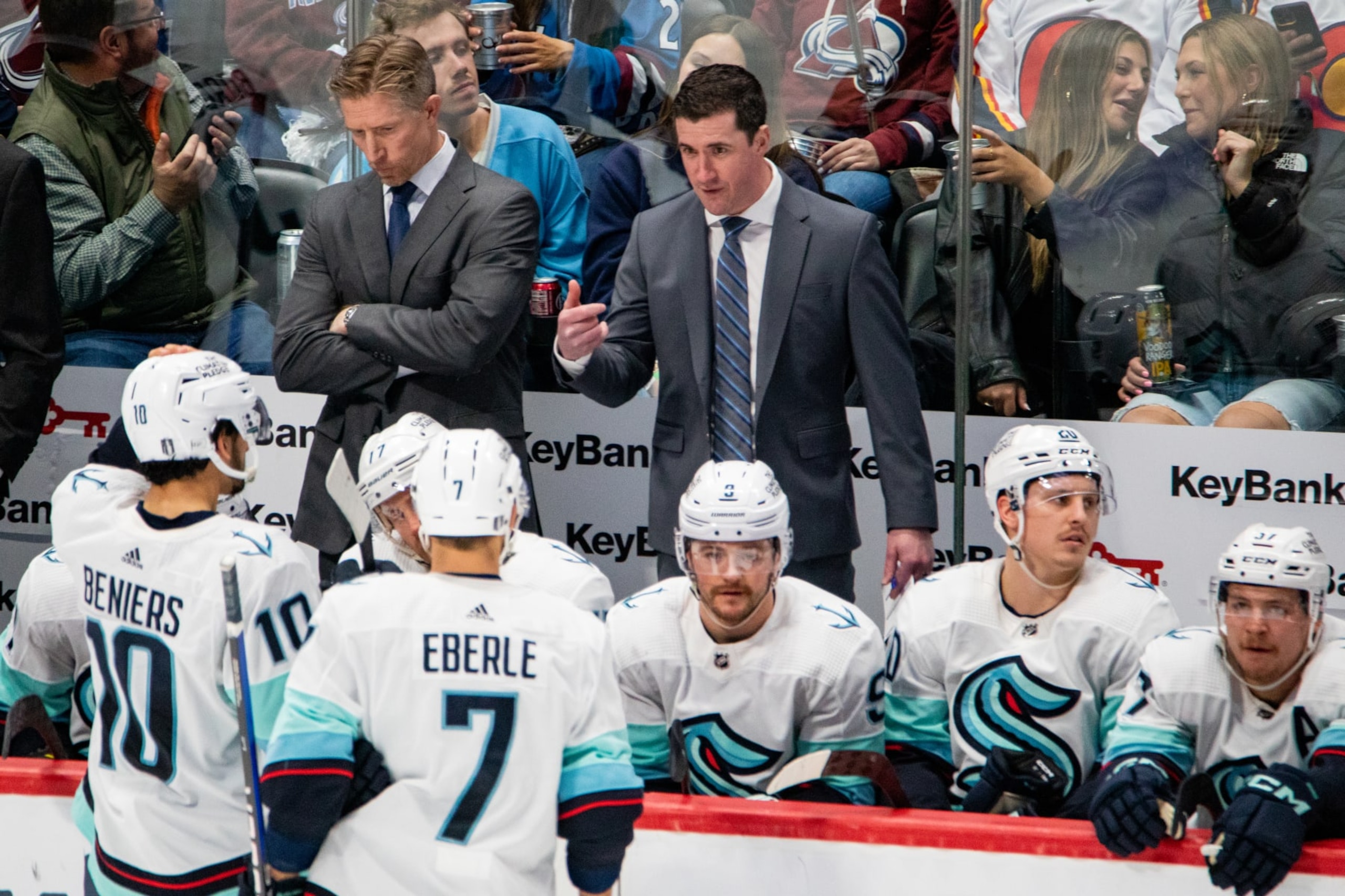 DENVER, COLORADO - APRIL 26:  Assistant coach Paul McFarland of the Seattle Kraken talks to players on the bench during a timeout against the Colorado Avalanche in Game Five of the First Round of the 2023 Stanley Cup Playoffs against the Colorado Avalanche at Ball Arena on April 26, 2023 in Denver, Colorado. (Photo by Ashley Potts/NHLI via Getty Images)