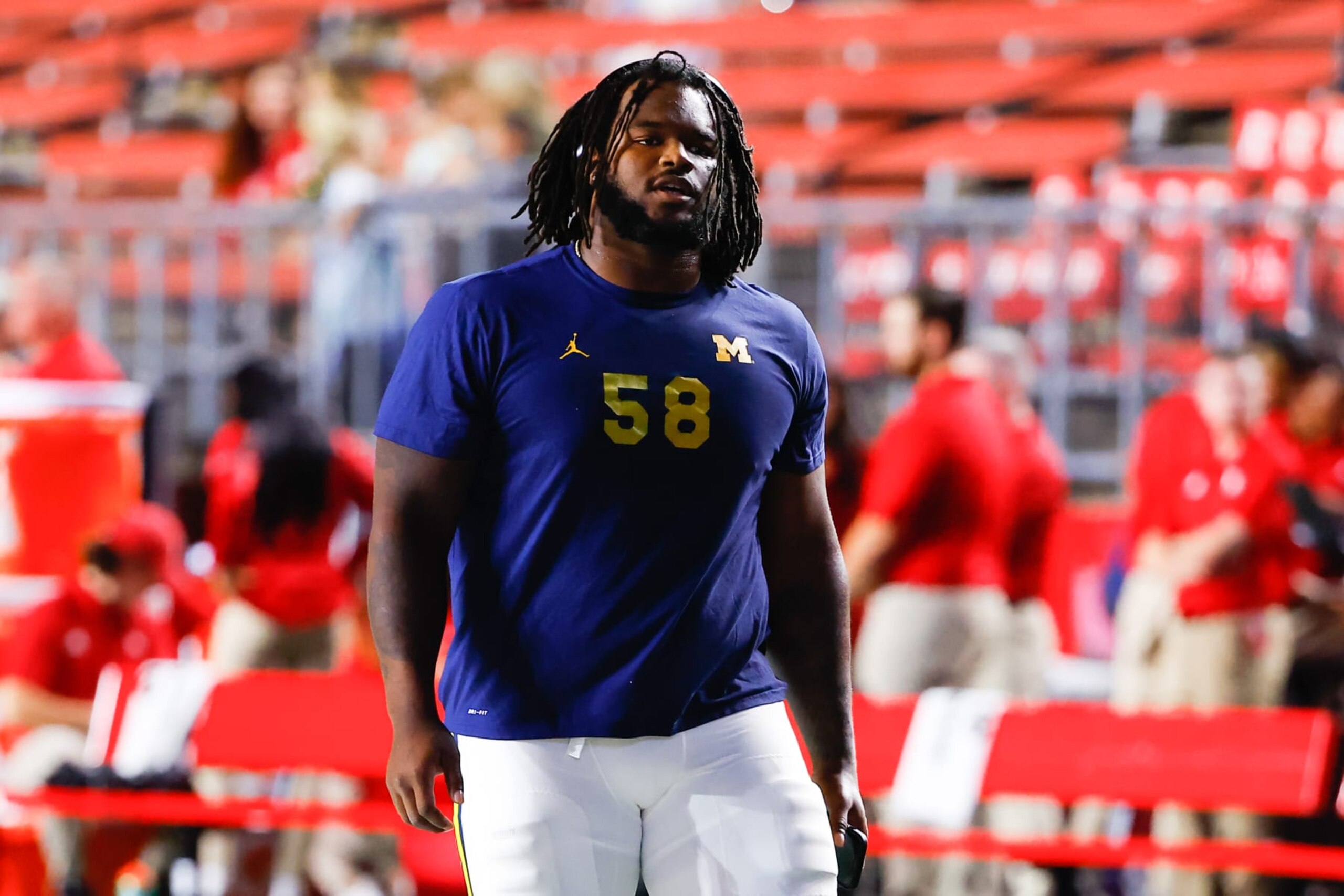 PISCATAWAY, NJ - NOVEMBER 05:  Michigan Wolverines defensive lineman Mazi Smith (58) prior to the college football game against the Rutgers Scarlet Knights on November 5, 2022 at SHI Stadium in Piscataway, New Jersey.  (Photo by Rich Graessle/Icon Sportswire via Getty Images)