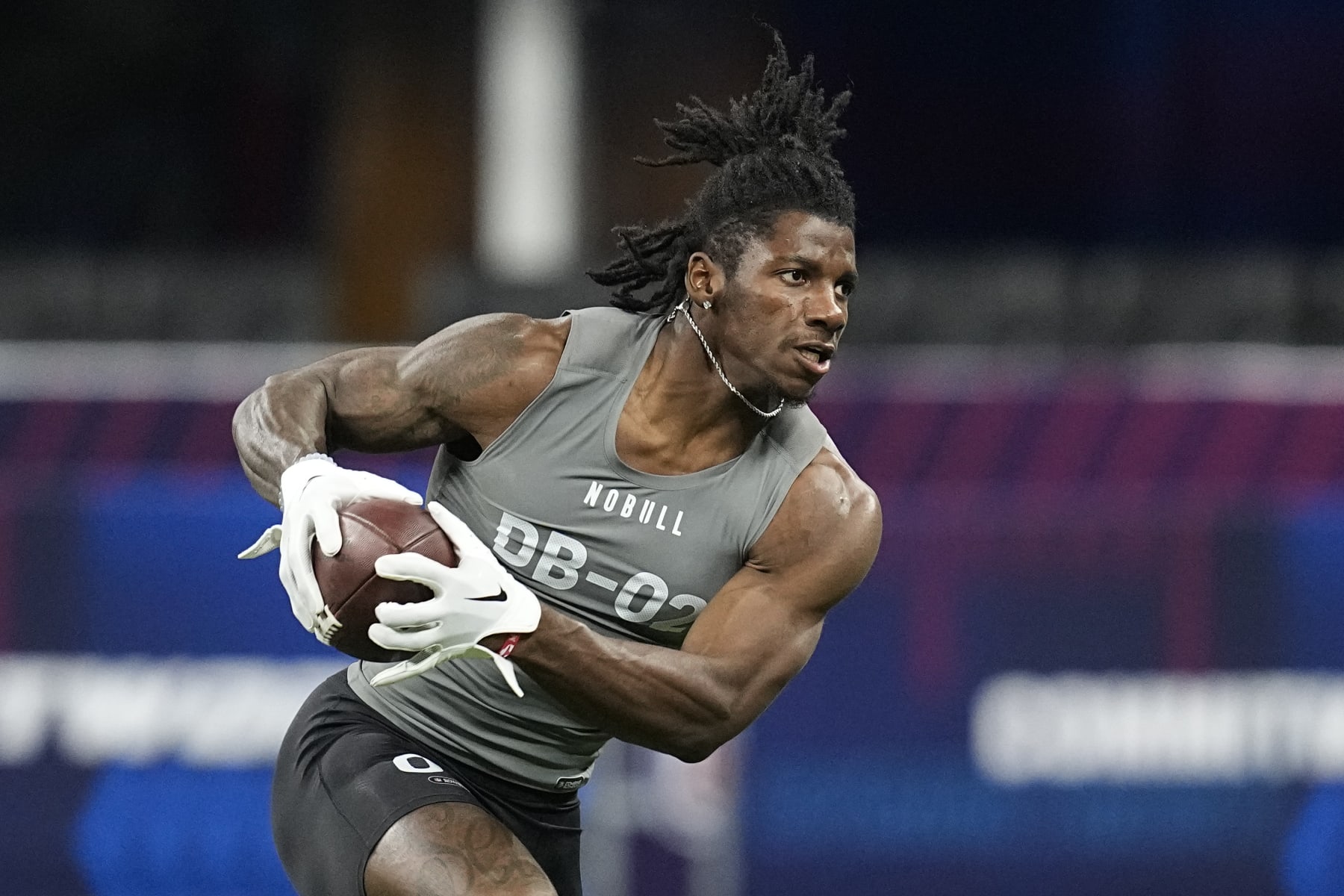 Maryland defensive back Tae Banks runs a drill at the NFL football scouting combine in Indianapolis, Friday, March 3, 2023. (AP Photo/Darron Cummings)
