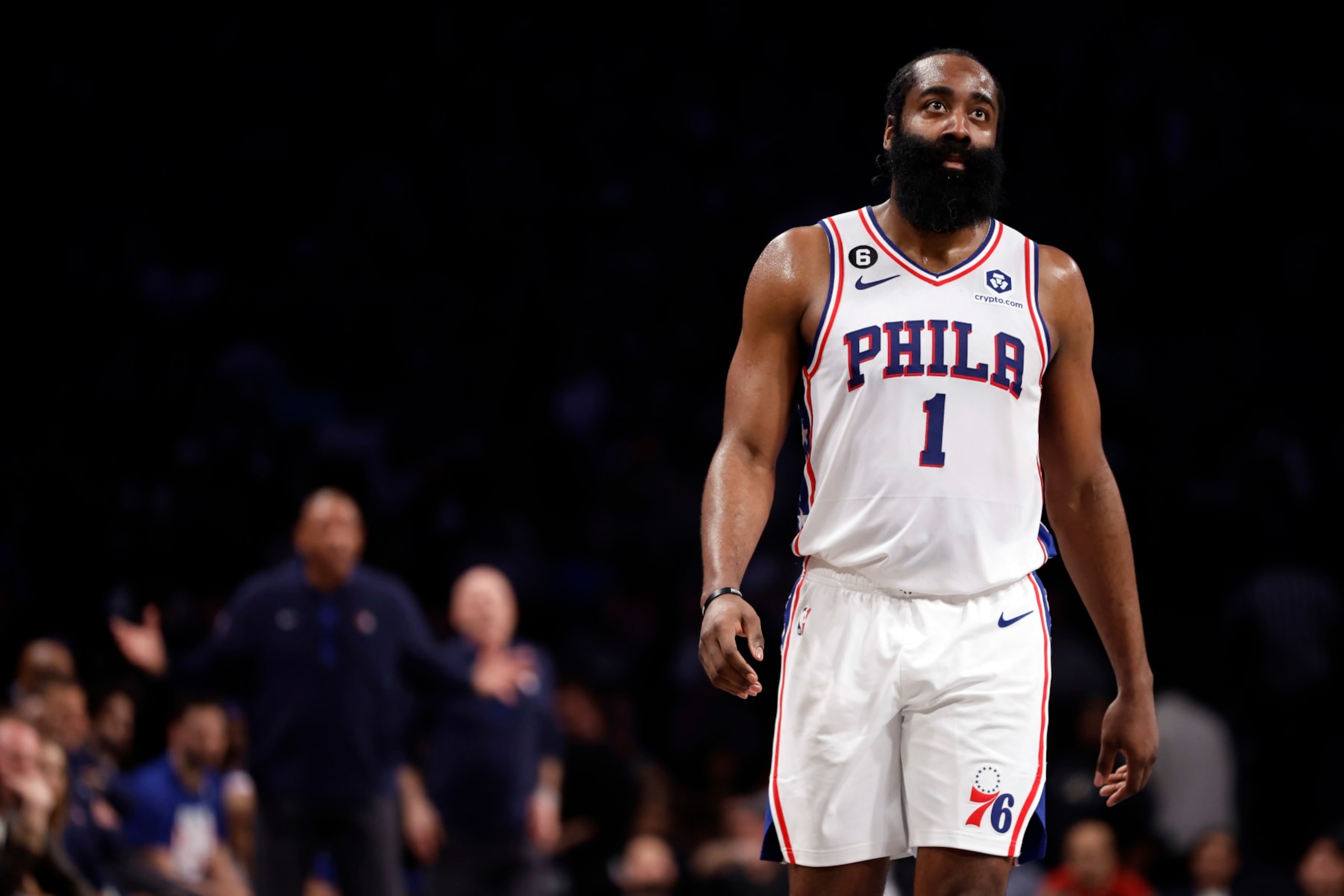 NEW YORK, NEW YORK - APRIL 22: James Harden #1 of the Philadelphia 76ers looks on against the Brooklyn Nets during the first half of Game Four of the Eastern Conference First Round Playoffs at Barclays Center on April 22, 2023 in the Brooklyn borough of New York City. NOTE TO USER: User expressly acknowledges and agrees that, by downloading and or using this photograph, User is consenting to the terms and conditions of the Getty Images License Agreement. (Photo by Sarah Stier/Getty Images)