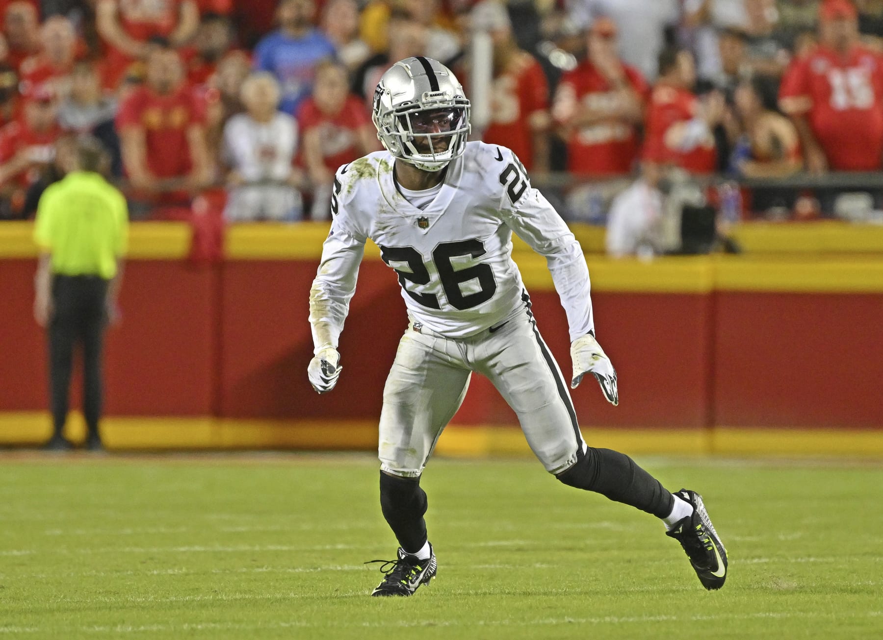 Las Vegas Raiders cornerback Rock Ya-Sin (26) drops back in coverage during an NFL football game against the Kansas City Chiefs Monday, Oct. 10, 2022, in Kansas City, Mo. (AP Photo/Peter Aiken)