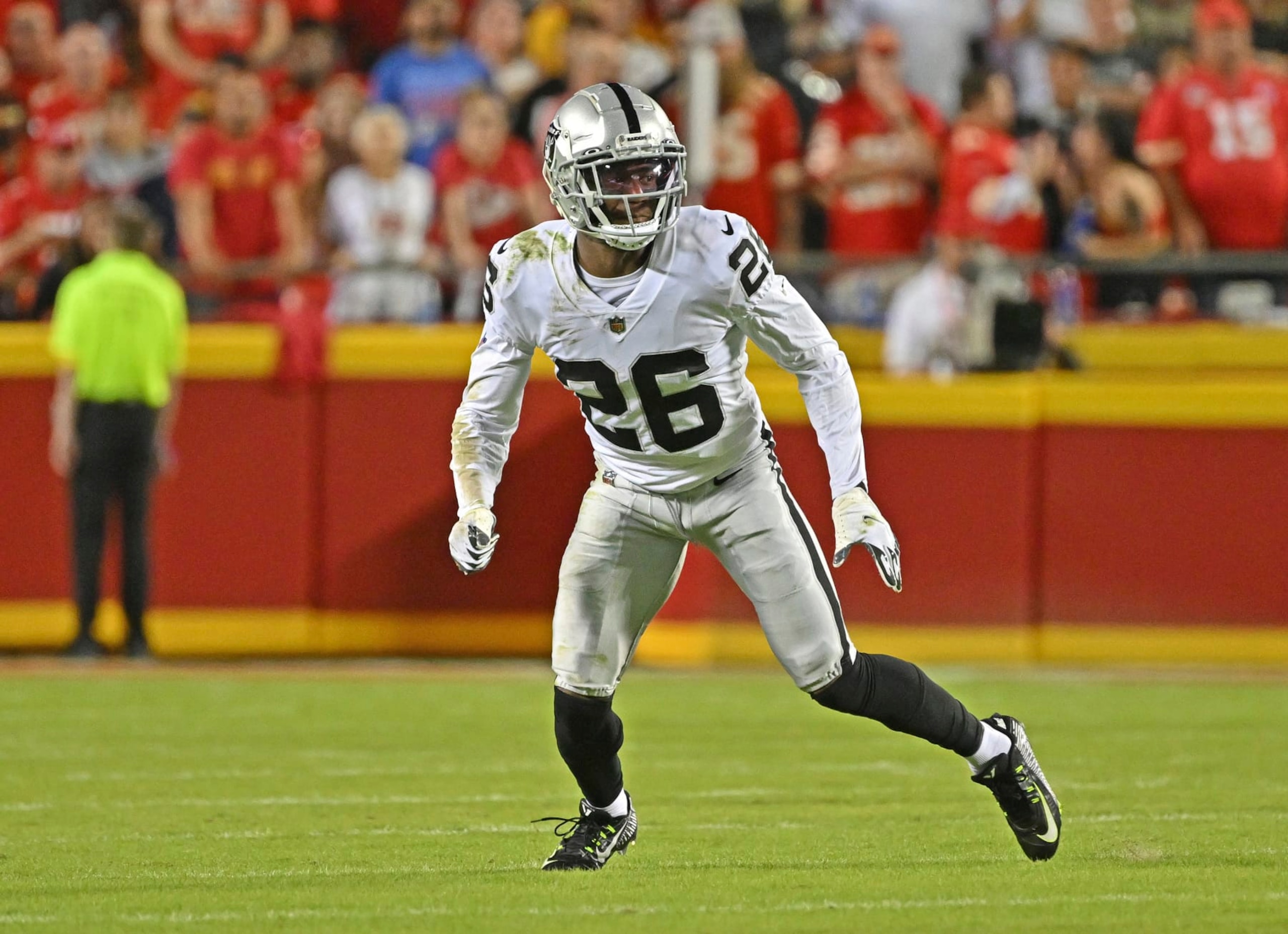 Las Vegas Raiders cornerback Rock Ya-Sin (26) drops back in coverage during an NFL football game against the Kansas City Chiefs Monday, Oct. 10, 2022, in Kansas City, Mo. (AP Photo/Peter Aiken) Las Vegas Raiders cornerback Rock Ya-Sin (26) drops back in coverage during an NFL football game against the Kansas City Chiefs Monday, Oct. 10, 2022, in Kansas City, Mo. (AP Photo/Peter Aiken)