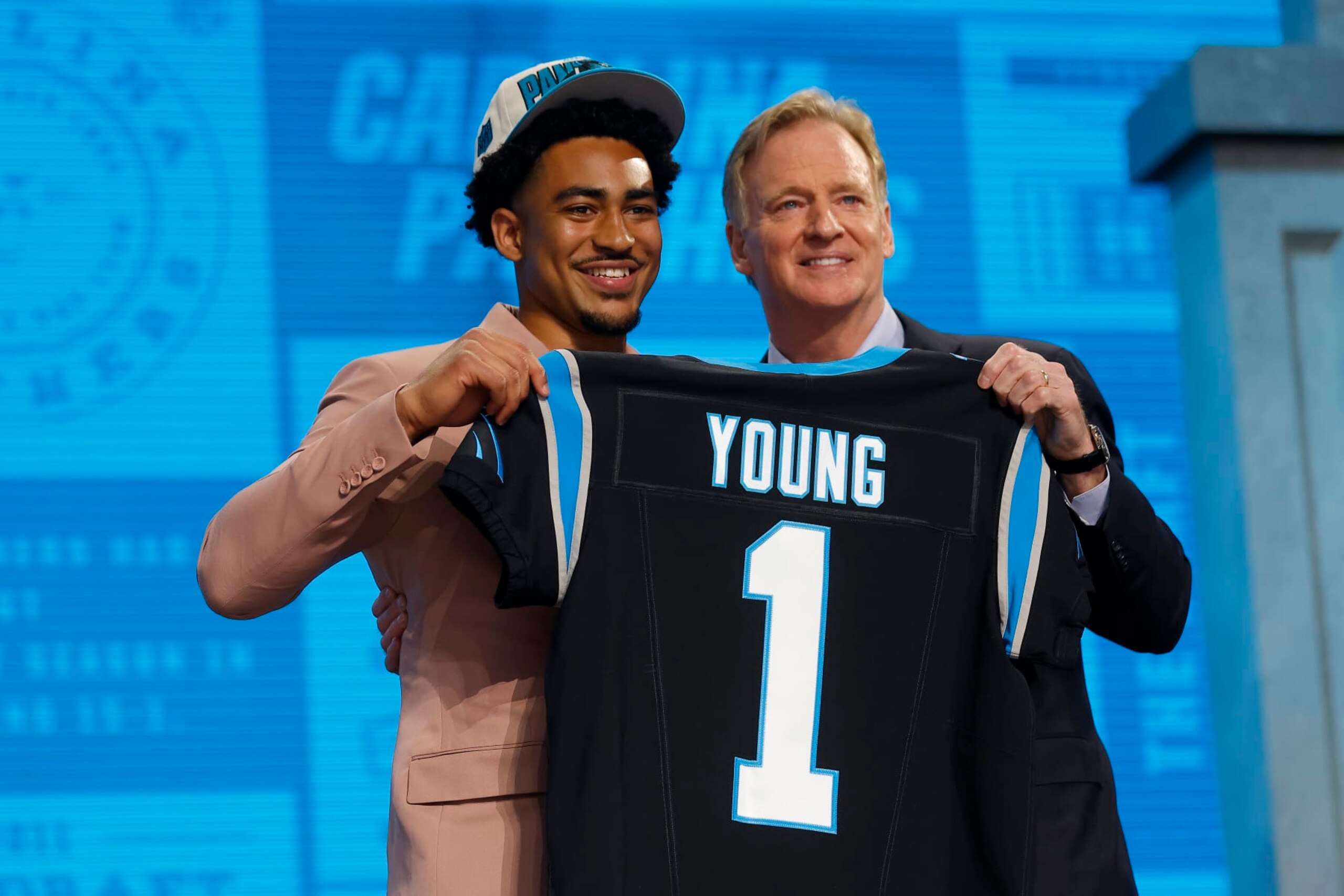 KANSAS CITY, MISSOURI - APRIL 27: (L-R) Bryce Young poses with NFL Commissioner Roger Goodell after being selected first overall by the Carolina Panthers during the first round of the 2023 NFL Draft at Union Station on April 27, 2023 in Kansas City, Missouri. (Photo by David Eulitt/Getty Images) KANSAS CITY, MISSOURI - APRIL 27: (L-R) Bryce Young poses with NFL Commissioner Roger Goodell after being selected first overall by the Carolina Panthers during the first round of the 2023 NFL Draft at Union Station on April 27, 2023 in Kansas City, Missouri. (Photo by David Eulitt/Getty Images)