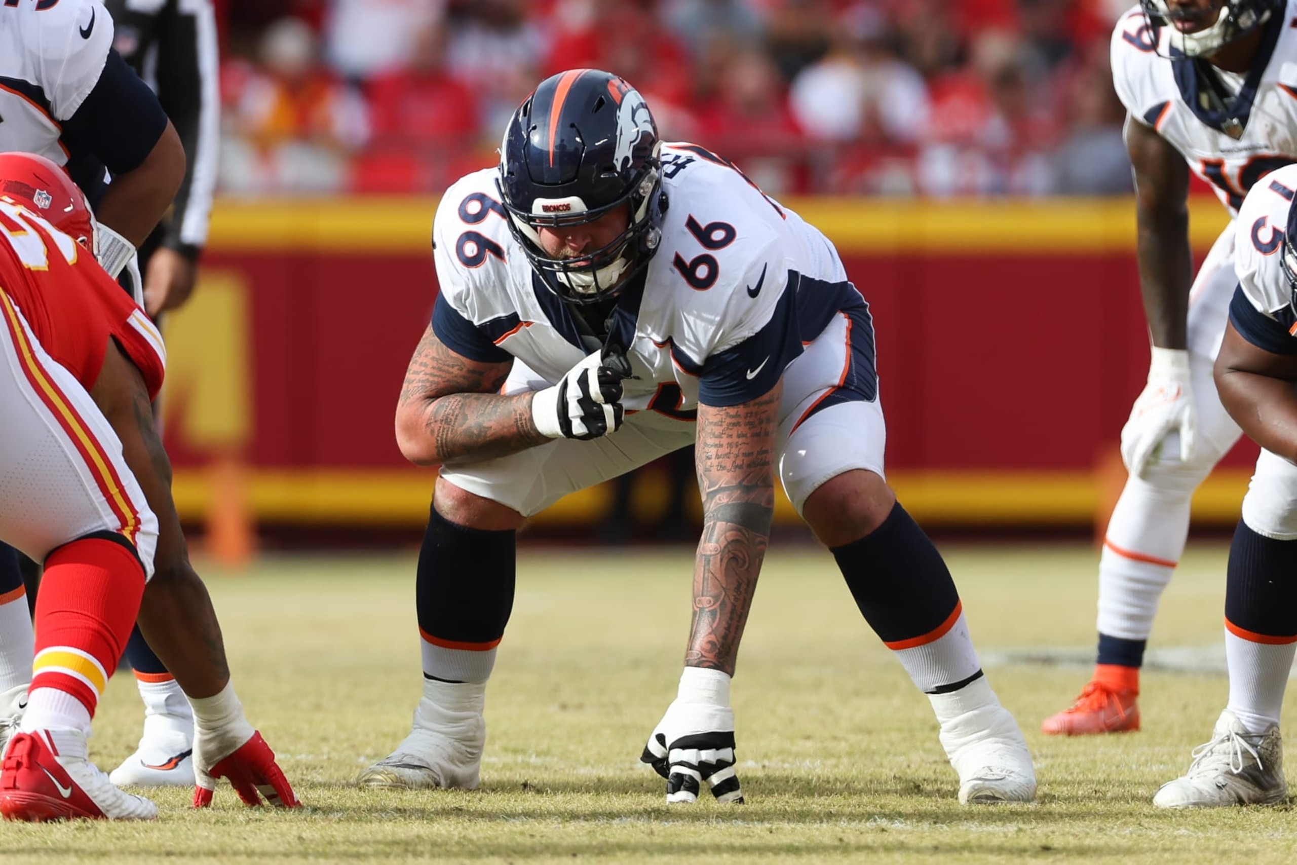 KANSAS CITY, MO - JANUARY 01: Denver Broncos guard Dalton Risner (66) before the snap in the first quarter of an AFC West game between the Denver Broncos and Kansas City Chiefs on January 1, 2023 at GEHA Field at.Arrowhead Stadium in Kansas City, MO. (Photo by Scott Winters/Icon Sportswire via Getty Images) KANSAS CITY, MO - JANUARY 01: Denver Broncos guard Dalton Risner (66) before the snap in the first quarter of an AFC West game between the Denver Broncos and Kansas City Chiefs on January 1, 2023 at GEHA Field at.Arrowhead Stadium in Kansas City, MO. (Photo by Scott Winters/Icon Sportswire via Getty Images)