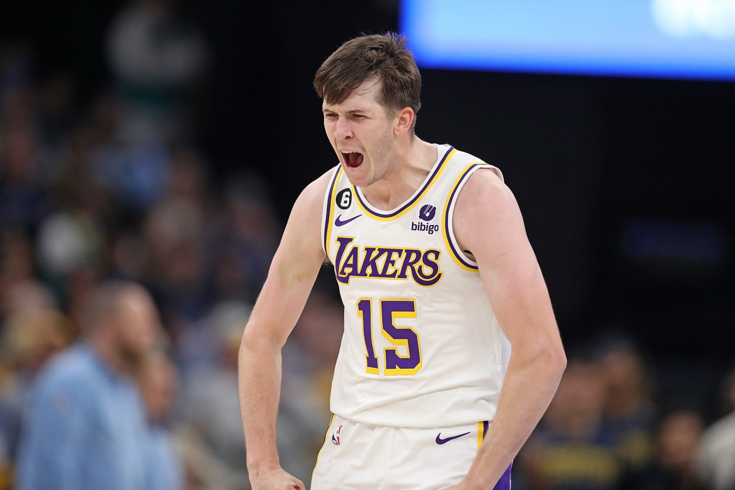 MEMPHIS, TENNESSEE - APRIL 16: Austin Reaves #15 of the Los Angeles Lakers reacts against the Memphis Grizzlies during Game One of the Western Conference First Round Playoffs at FedExForum on April 16, 2023 in Memphis, Tennessee. NOTE TO USER: User expressly acknowledges and agrees that, by downloading and or using this photograph, User is consenting to the terms and conditions of the Getty Images License Agreement.  (Photo by Justin Ford/Getty Images)