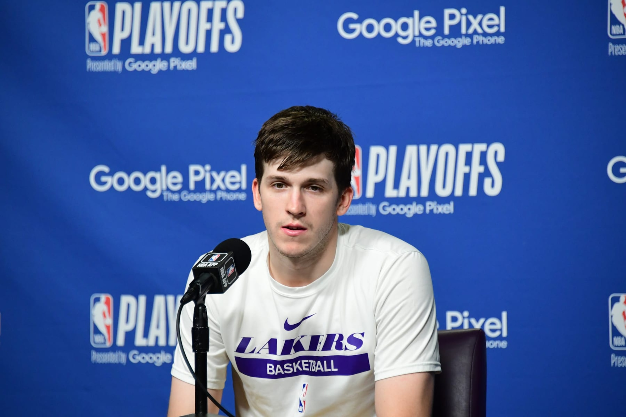LOS ANGELES, CA - APRIL 24: Austin Reaves #15 of the Los Angeles Lakers talks to the media after Round 1 Game 4 of the 2023 NBA Playoffs against the Memphis Grizzlies on April 24, 2023 at Crypto.Com Arena in Los Angeles, California. NOTE TO USER: User expressly acknowledges and agrees that, by downloading and/or using this Photograph, user is consenting to the terms and conditions of the Getty Images License Agreement. Mandatory Copyright Notice: Copyright 2023 NBAE (Photo by Adam Pantozzi/NBAE via Getty Images)