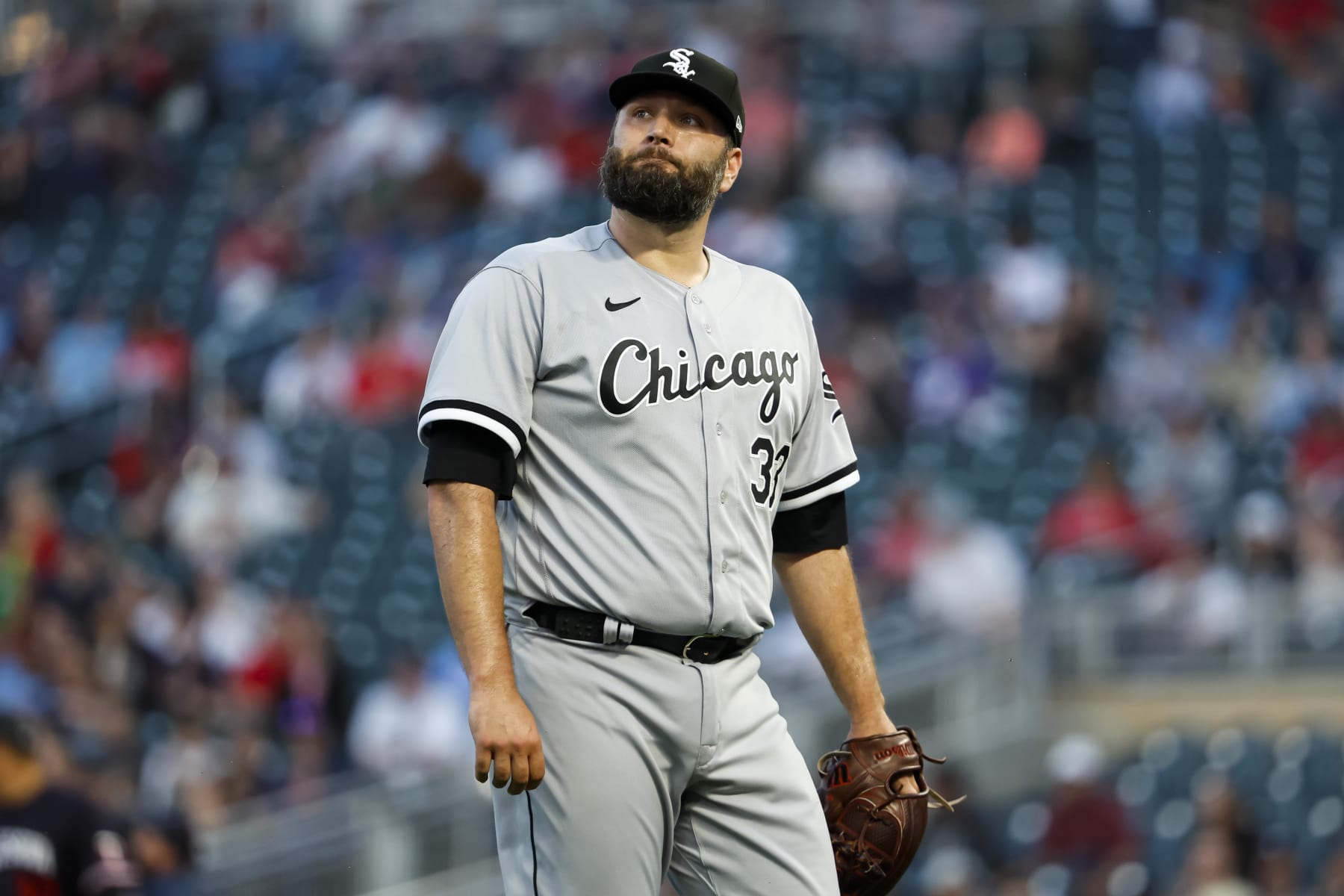 MINNEAPOLIS, MN - APRIL 11: Lance Lynn #33 of the Chicago White Sox looks on after pitching to the Minnesota Twins in the first inning of the game at Target Field on April 11, 2023 in Minneapolis, Minnesota. The Twins defeated the White Sox 4-3 in ten innings. (Photo by David Berding/Getty Images)