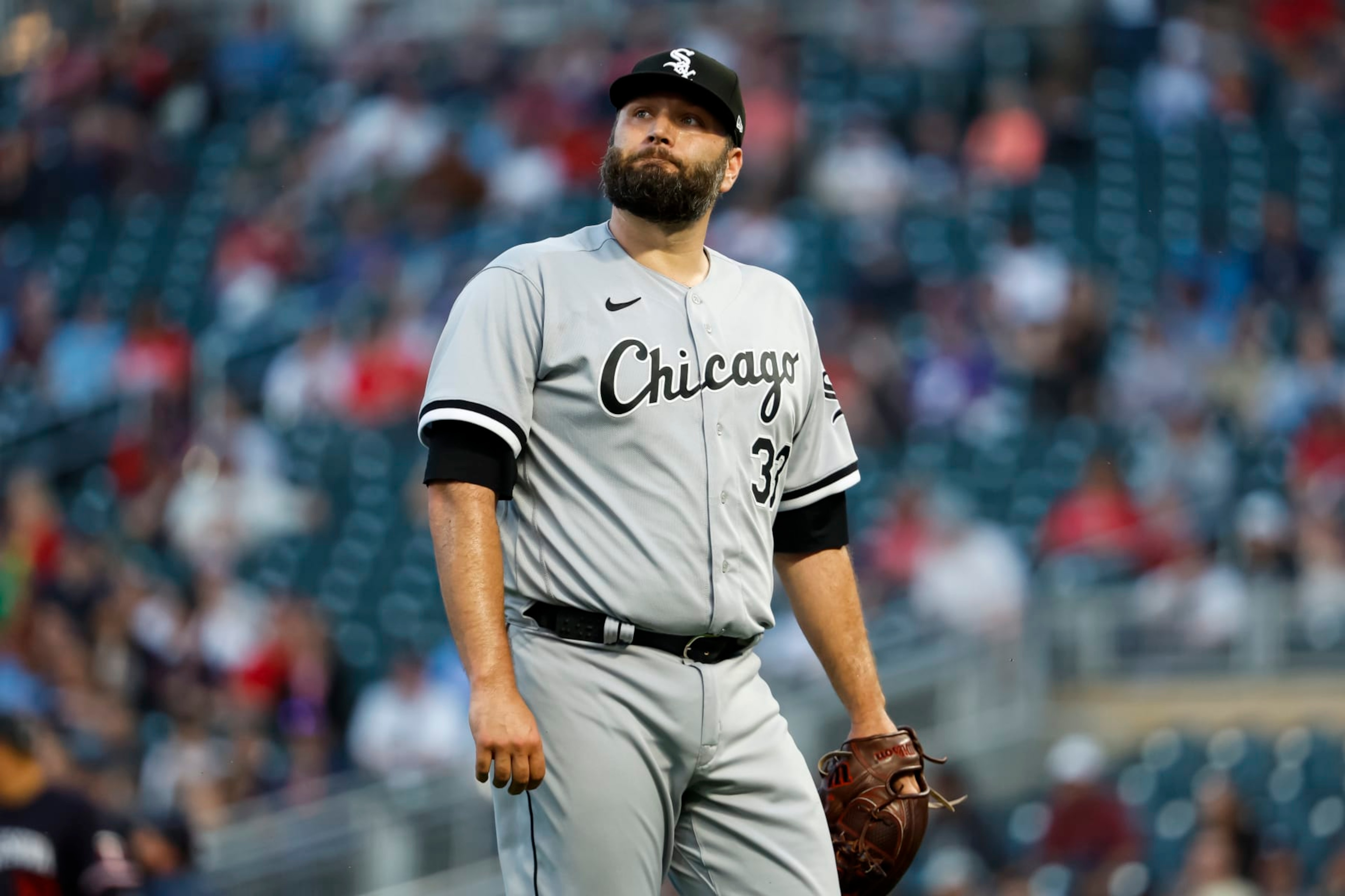 MINNEAPOLIS, MN - APRIL 11: Lance Lynn #33 of the Chicago White Sox looks on after pitching to the Minnesota Twins in the first inning of the game at Target Field on April 11, 2023 in Minneapolis, Minnesota. The Twins defeated the White Sox 4-3 in ten innings. (Photo by David Berding/Getty Images)