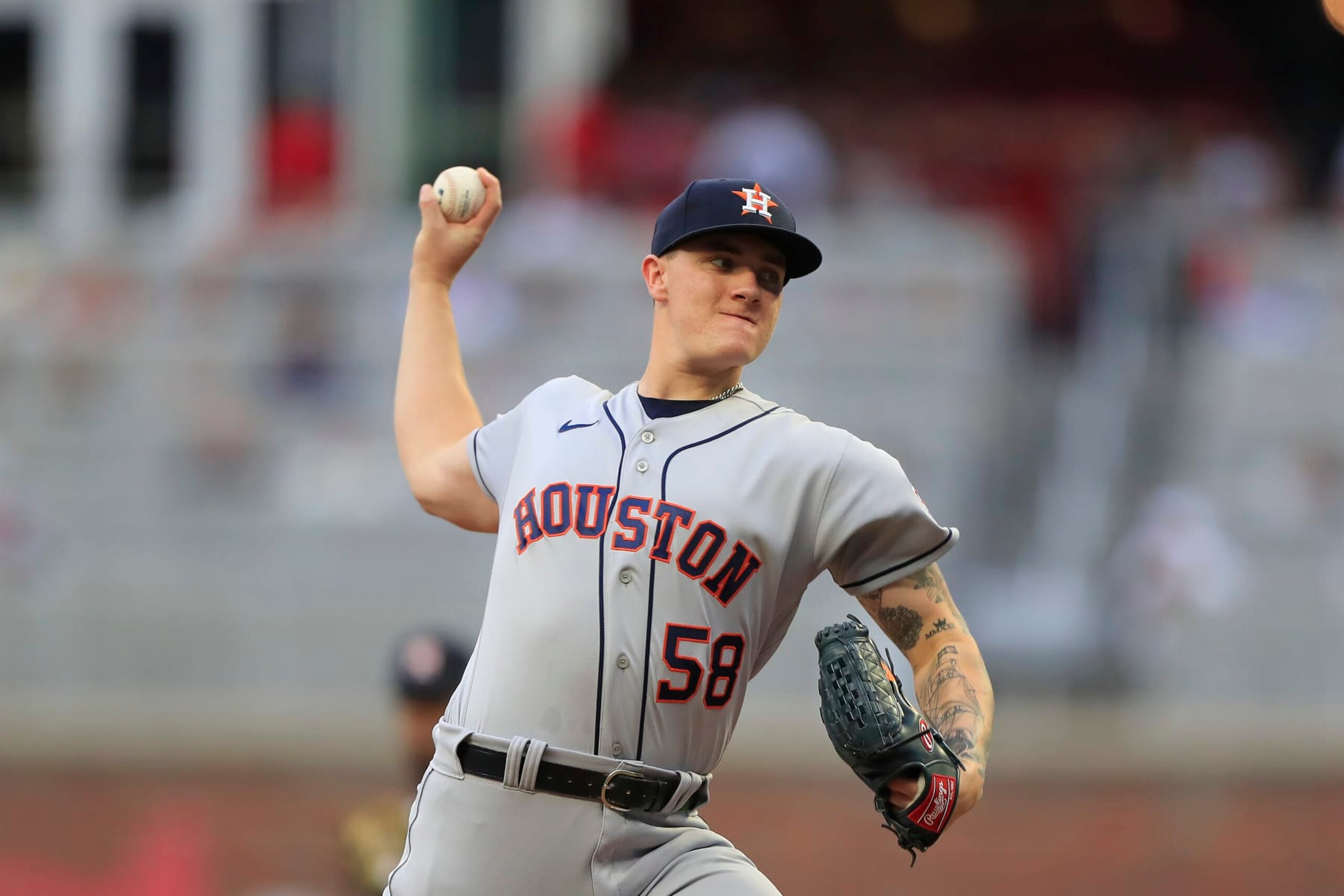 ATLANTA, GA - APRIL 21: Houston Astros starting pitcher Hunter Brown (58) delivers a pitch during the MLB game between the Atlanta Braves and defending World Series Champion Houston Astros on April 21, 2023 at Truist Park in Atlanta, Georgia.  (Photo by David J. Griffin/Icon Sportswire via Getty Images)