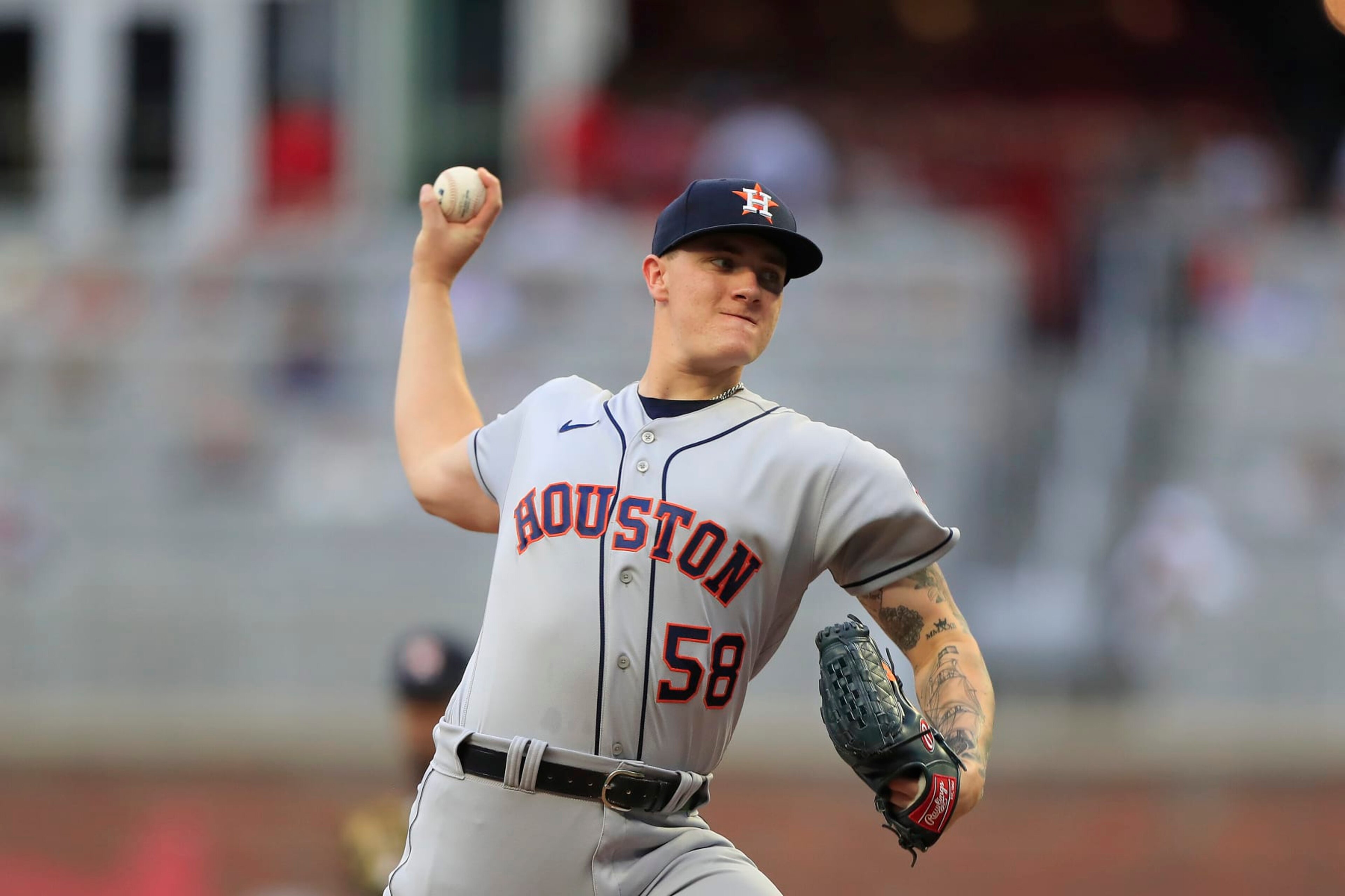 ATLANTA, GA - APRIL 21: Houston Astros starting pitcher Hunter Brown (58) delivers a pitch during the MLB game between the Atlanta Braves and defending World Series Champion Houston Astros on April 21, 2023 at Truist Park in Atlanta, Georgia.  (Photo by David J. Griffin/Icon Sportswire via Getty Images)
