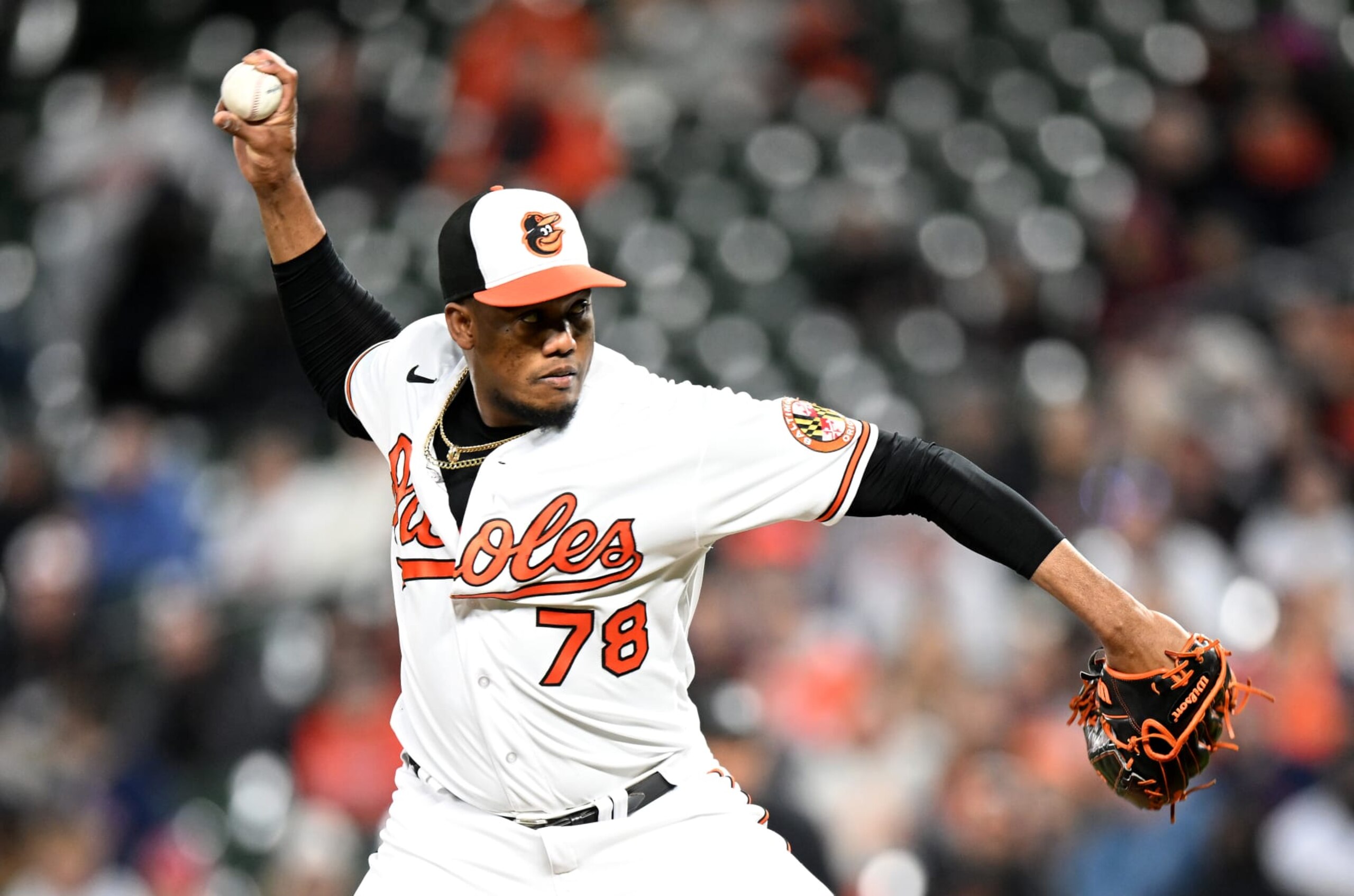 BALTIMORE, MARYLAND - APRIL 24: Yennier Cano #78 of the Baltimore Orioles pitches against the Boston Red Sox at Oriole Park at Camden Yards on April 24, 2023 in Baltimore, Maryland. (Photo by G Fiume/Getty Images)
