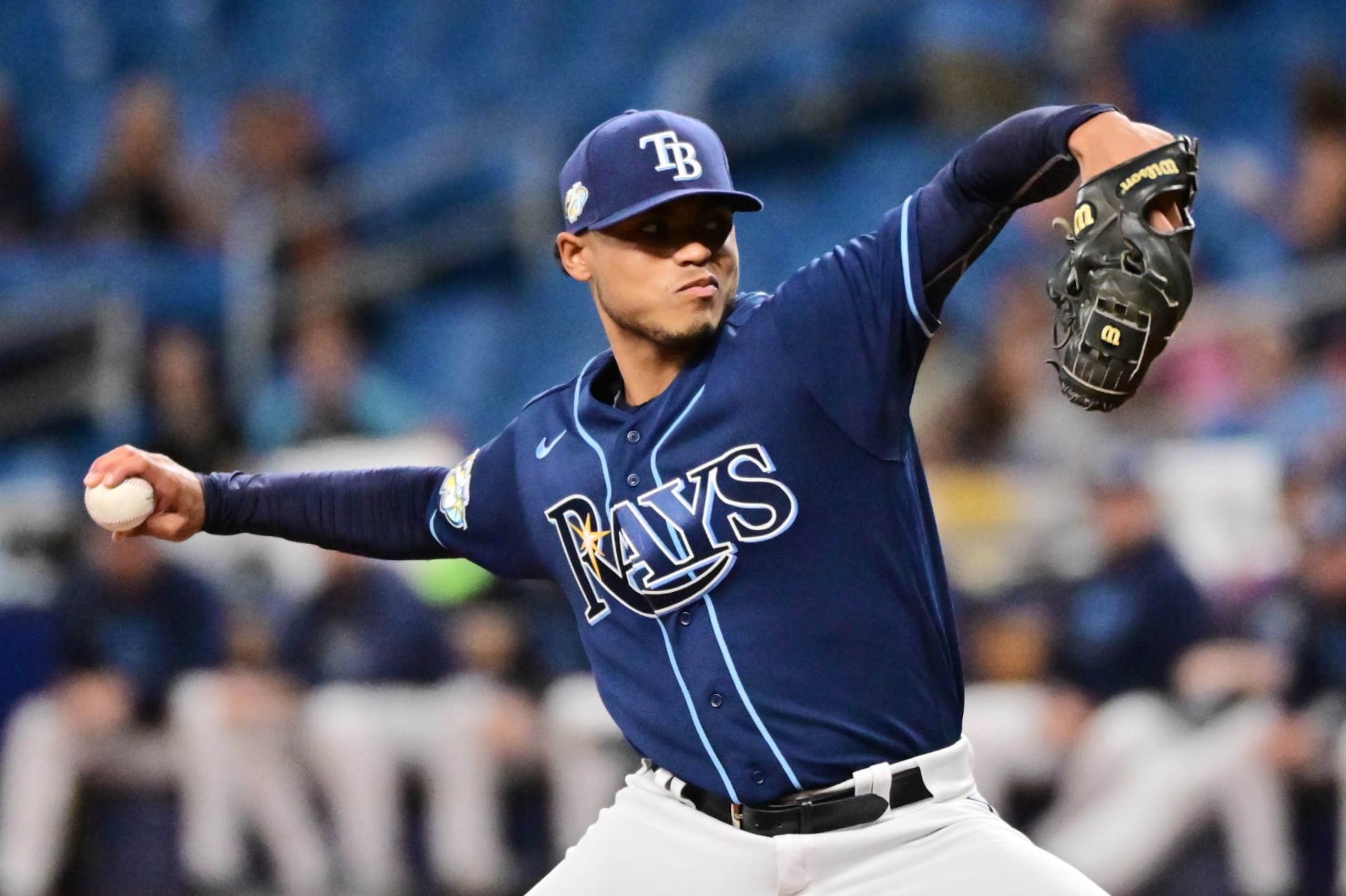 ST PETERSBURG, FLORIDA - APRIL 24: Taj Bradley #45 of the Tampa Bay Rays delivers a pitch to the Houston Astros in the first inning at Tropicana Field on April 24, 2023 in St Petersburg, Florida. (Photo by Julio Aguilar/Getty Images)