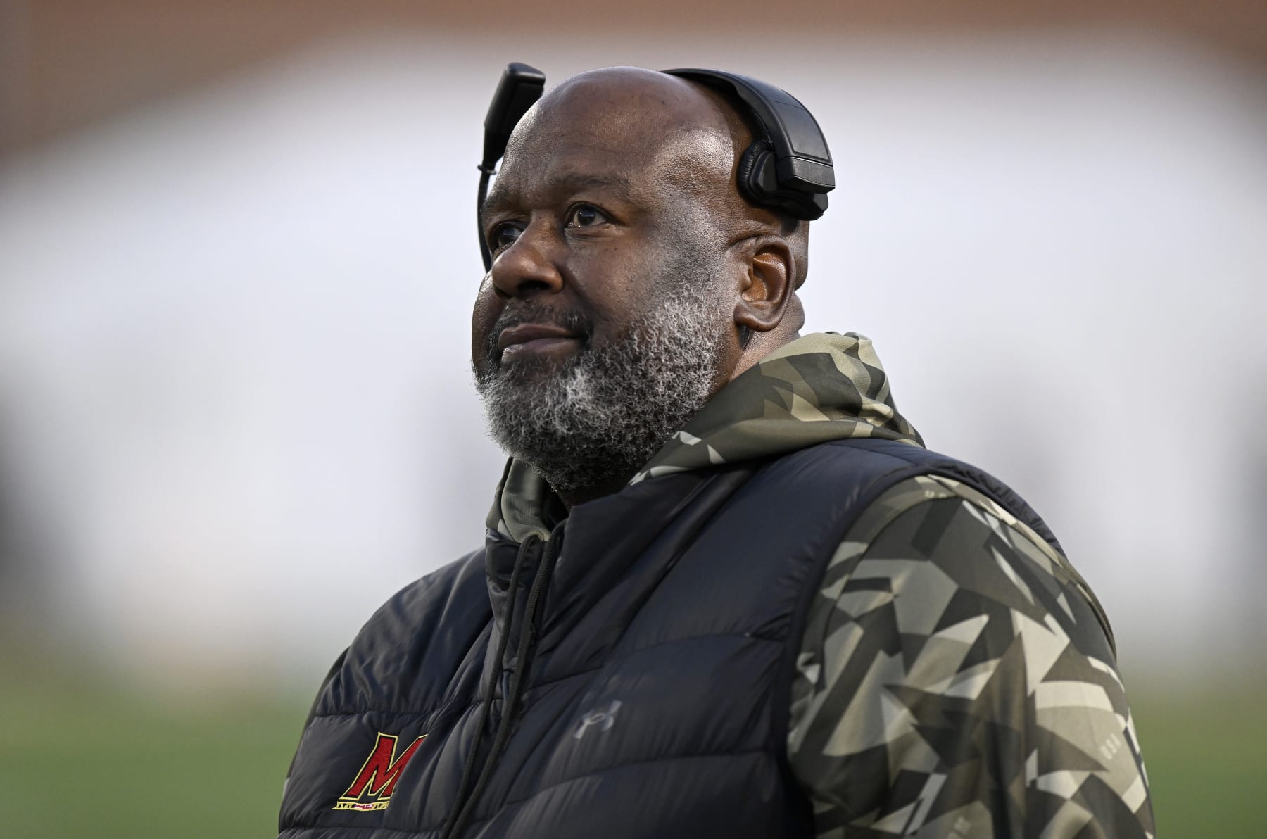 COLLEGE PARK, MARYLAND - NOVEMBER 19: Head coach Michael Locksley of the Maryland Terrapins watches the game against the Ohio State Buckeyes at SECU Stadium on November 19, 2022 in College Park, Maryland. (Photo by G Fiume/Getty Images)
