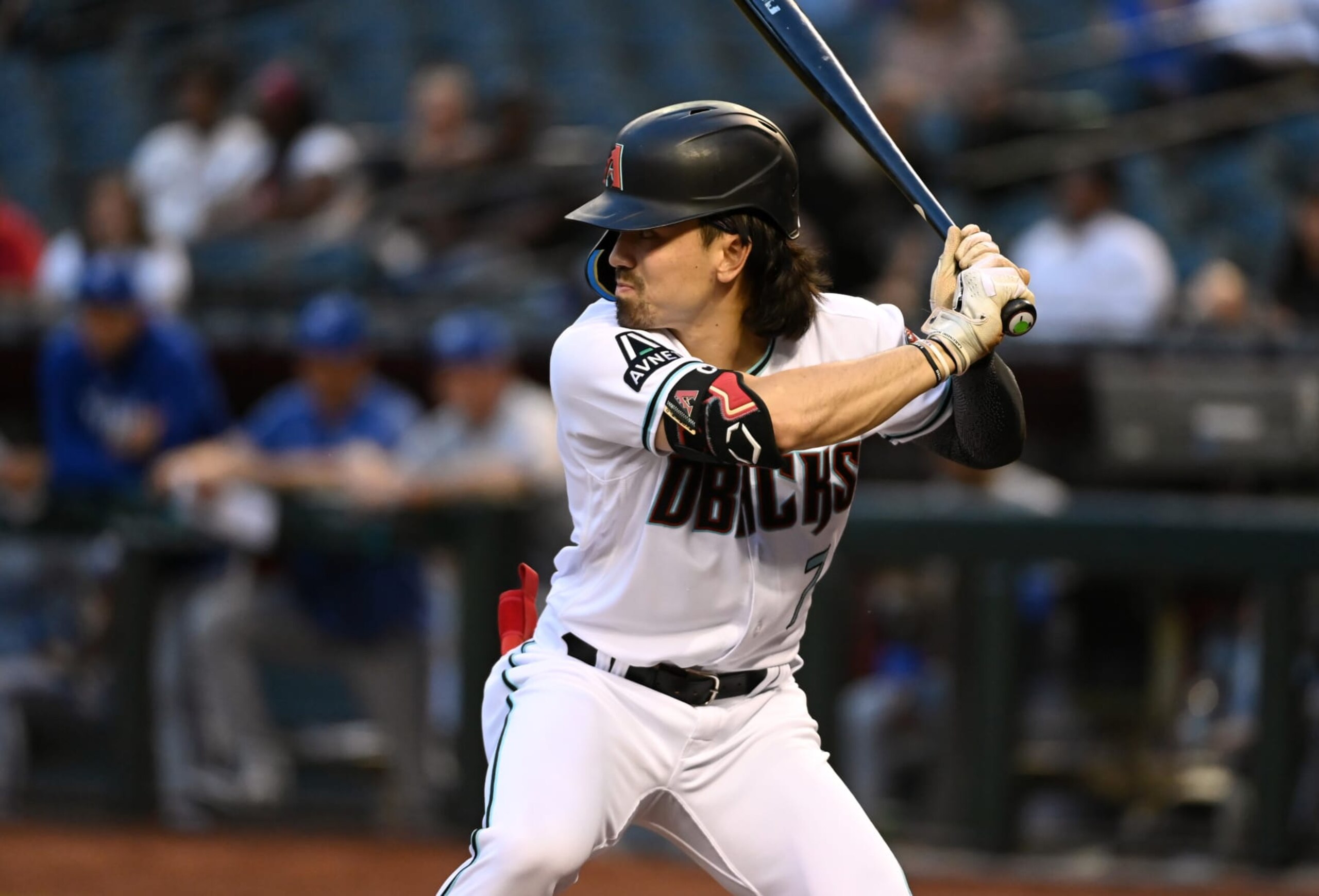 PHOENIX, ARIZONA - APRIL 25: Corbin Carroll #7 of the Arizona Diamondbacks gets ready in the batters box against the Kansas City Royals at Chase Field on April 25, 2023 in Phoenix, Arizona. (Photo by Norm Hall/Getty Images)