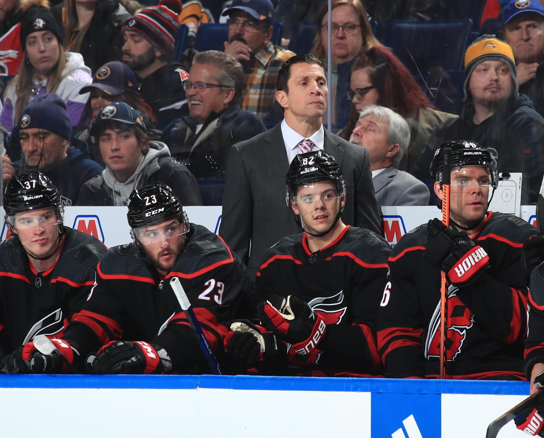 BUFFALO, NY - FEBRUARY 1: Head coach Rob BrindAmour of the Carolina Hurricanes watches the action against the Buffalo Sabres during an NHL game on February 1, 2023 at KeyBank Center in Buffalo, New York. (Photo by Bill Wippert/NHLI via Getty Images)