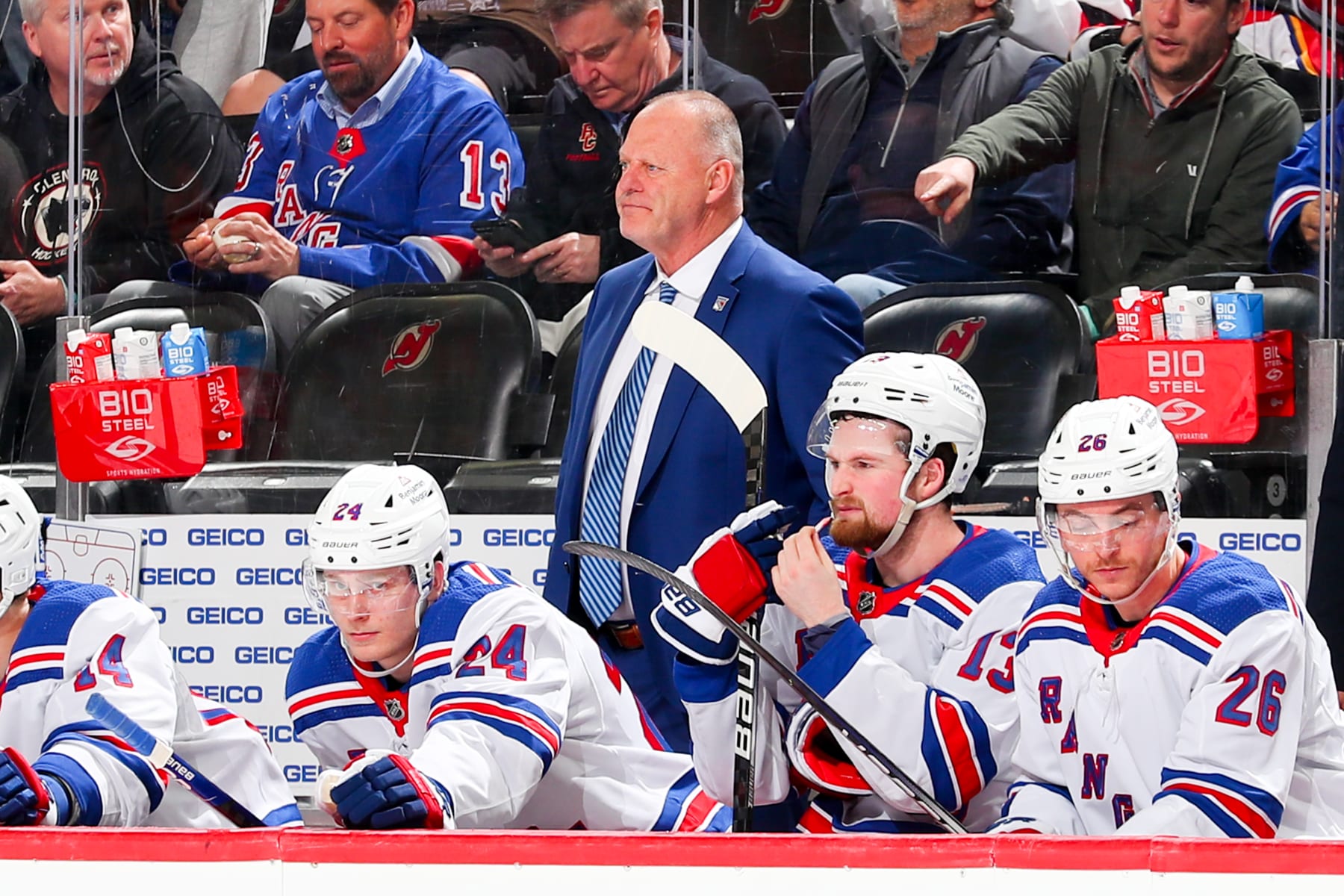 NEWARK, NEW JERSEY - APRIL 18:  Gerard Gallant head coach of the New York Rangers behind the bench during Game One of the First Round of the 2023 Stanley Cup Playoffs against the New Jersey Devils at the Prudential Center on April 18, 2023 in Newark, New Jersey.  (Photo by Rich Graessle/NHLI via Getty Images)