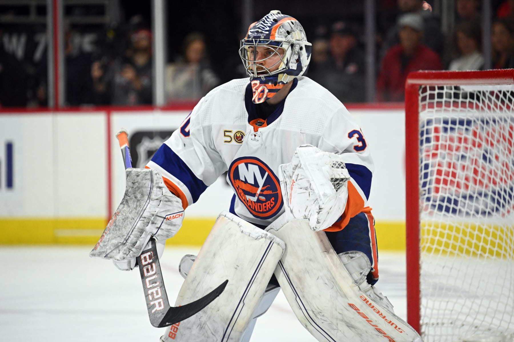 RALEIGH, NC - APRIL 25: New York Islanders Goalie Ilya Sorokin (30) prepares for a faceoff during game 5 of the first round of the Stanley Cup Playoffs between the New York Islanders and the Carolina Hurricanes on April 25, 2023 at PNC Arena in Raleigh, North Carolina. (Photo by Katherine Gawlik/Icon Sportswire via Getty Images)