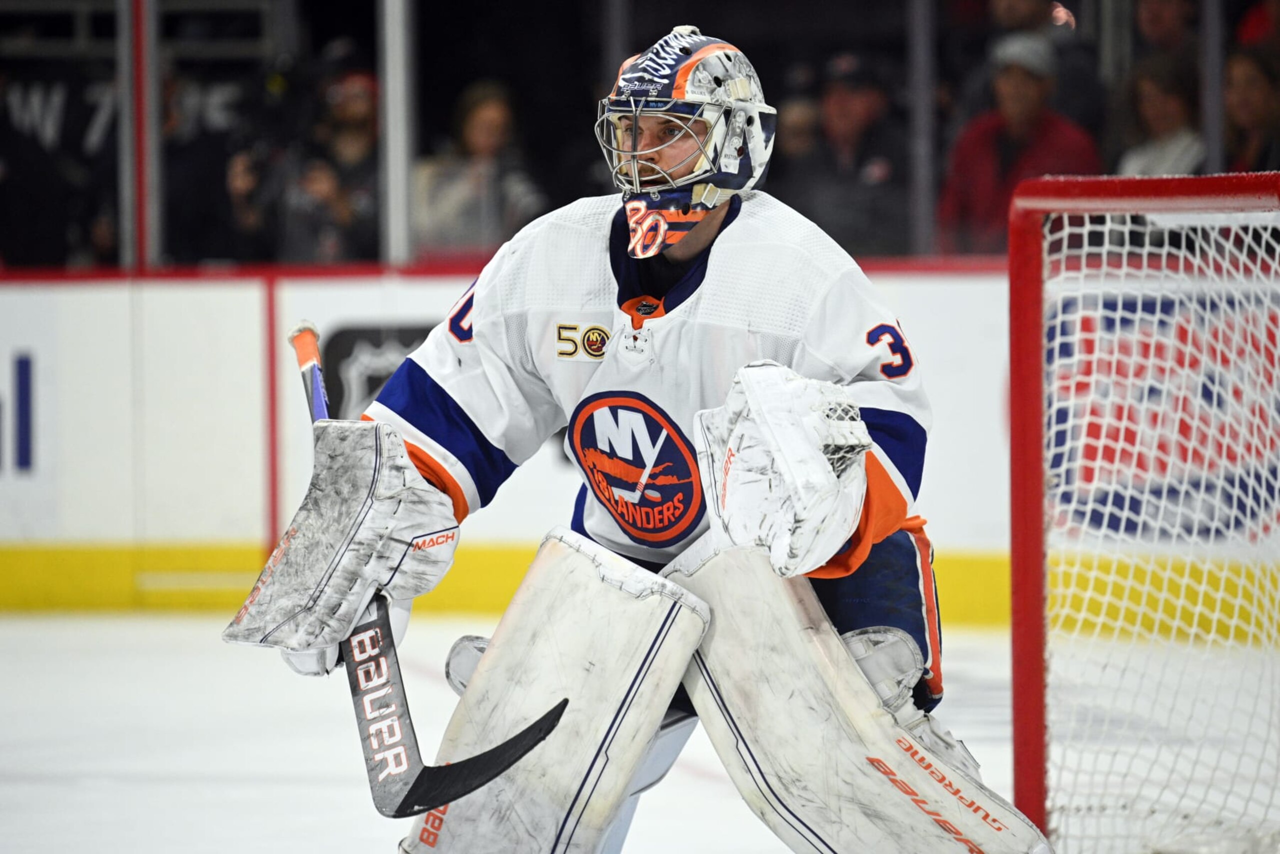 RALEIGH, NC - APRIL 25: New York Islanders Goalie Ilya Sorokin (30) prepares for a faceoff during game 5 of the first round of the Stanley Cup Playoffs between the New York Islanders and the Carolina Hurricanes on April 25, 2023 at PNC Arena in Raleigh, North Carolina. (Photo by Katherine Gawlik/Icon Sportswire via Getty Images)