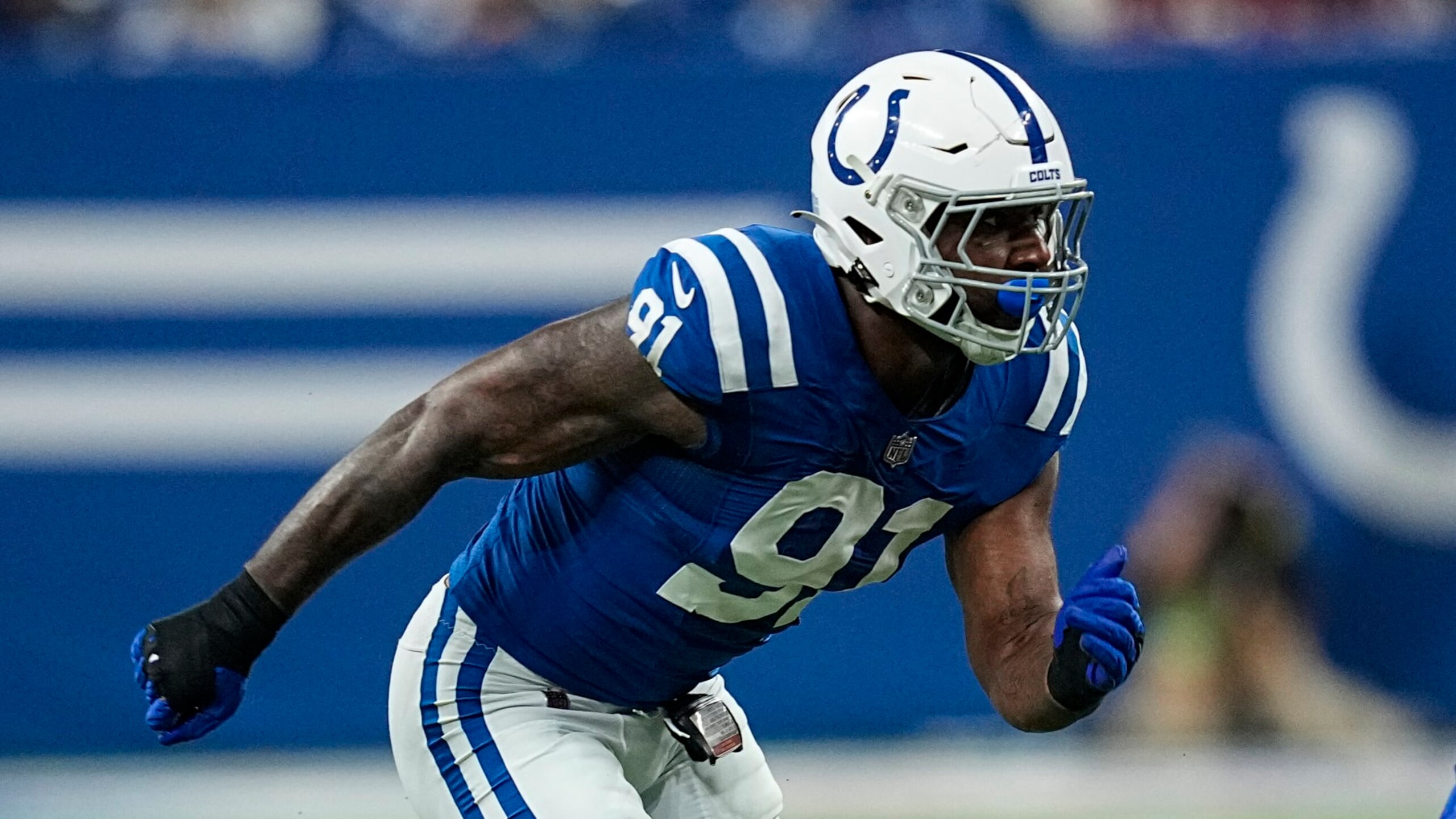 Indianapolis Colts defensive end Yannick Ngakoue (91) plays against the Washington Commanders in the first half of an NFL football game in Indianapolis, Sunday, Oct. 30, 2022. (AP Photo/Darron Cummings) Indianapolis Colts defensive end Yannick Ngakoue (91) plays against the Washington Commanders in the first half of an NFL football game in Indianapolis, Sunday, Oct. 30, 2022. (AP Photo/Darron Cummings)