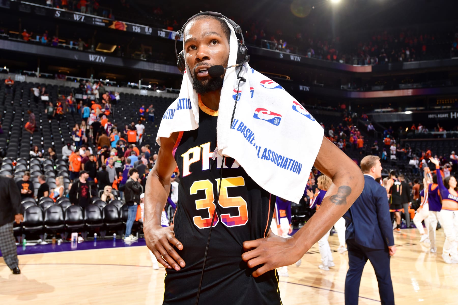 PHOENIX, AZ - APRIL 25: Kevin Durant #35 of the Phoenix Suns is interviewed after the game against the LA Clippers during Round 1 Game 5 of the 2023 NBA Playoffs on April 25, 2023 at Footprint Center in Phoenix, Arizona. NOTE TO USER: User expressly acknowledges and agrees that, by downloading and or using this photograph, user is consenting to the terms and conditions of the Getty Images License Agreement. Mandatory Copyright Notice: Copyright 2023 NBAE (Photo by Barry Gossage/NBAE via Getty Images)