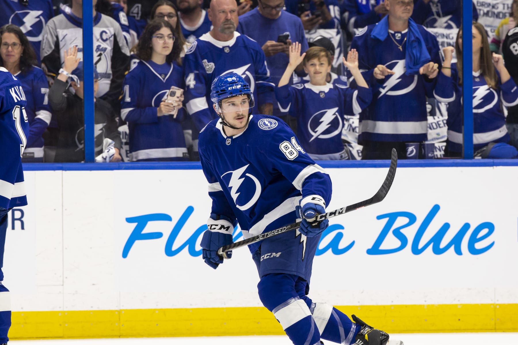 TAMPA, FL - APRIL 22: Tanner Jeannot #84of the Tampa Bay Lightning warms up before facing the Toronto Maple Leafs in Game Three of the First Round of the 2023 Stanley Cup Playoffs at Amalie Arena on April 22, 2023 in Tampa, Florida. (Photo by Mark LoMoglio/NHLI via Getty Images)