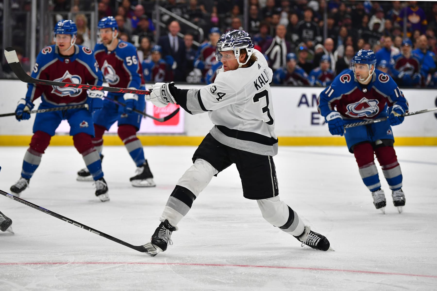 LOS ANGELES, CA - APRIL 8: Arthur Kaliyev #34 of the Los Angeles Kings shoots puck during the first period against the Colorado Avalanche at Crypto.com Arena on April 8, 2023 in Los Angeles, California. (Photo by Gary A.Vasquez/NHLI via Getty Images)