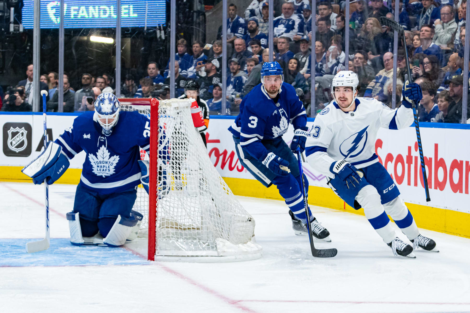 TORONTO, ON - APRIL 27: Tampa Bay Lightning Winger Michael Eyssimont (23) celebrates his goal during the second period of the Round 1 NHL Stanley Cup Playoffs Game 5 between the Tampa Bay Lightning and the Toronto Maple Leafs on April 27, 2023, at Scotiabank Arena in Toronto, ON, Canada. (Photo by Julian Avram/Icon Sportswire via Getty Images)