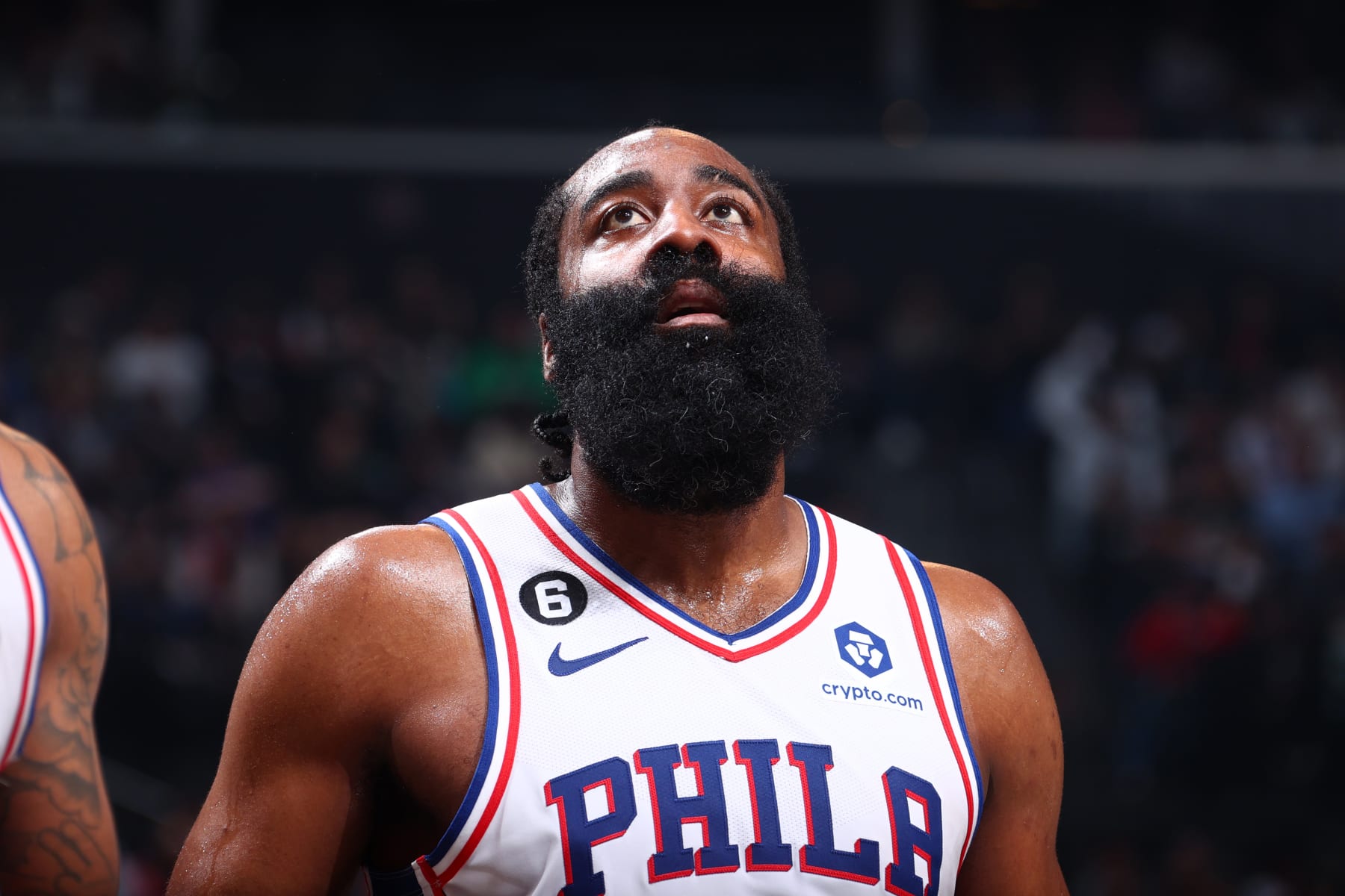 BROOKLYN, NY - APRIL 22: James Harden #1 of the Philadelphia 76ers looks on during the game against the Brooklyn Nets during Round 1 Game 4 of the 2023 NBA Playoffs on April 22, 2023 at Barclays Center in Brooklyn, New York. NOTE TO USER: User expressly acknowledges and agrees that, by downloading and or using this Photograph, user is consenting to the terms and conditions of the Getty Images License Agreement. Mandatory Copyright Notice: Copyright 2023 NBAE (Photo by Nathaniel S. Butler/NBAE via Getty Images)
