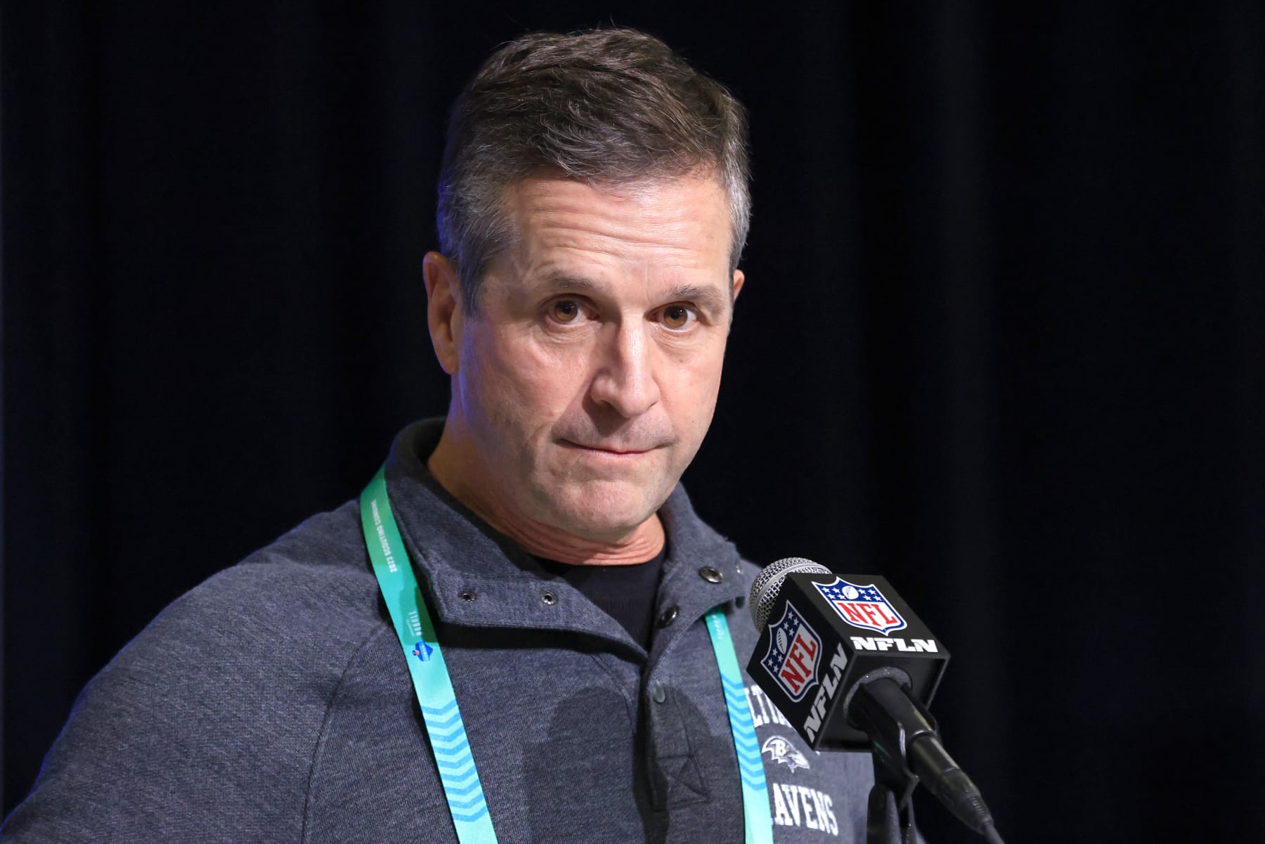 INDIANAPOLIS, INDIANA - MARCH 01: Head coach John Harbaugh of the Baltimore Ravens speaks to the media during the NFL Combine at Lucas Oil Stadium on March 01, 2023 in Indianapolis, Indiana. (Photo by Justin Casterline/Getty Images)
