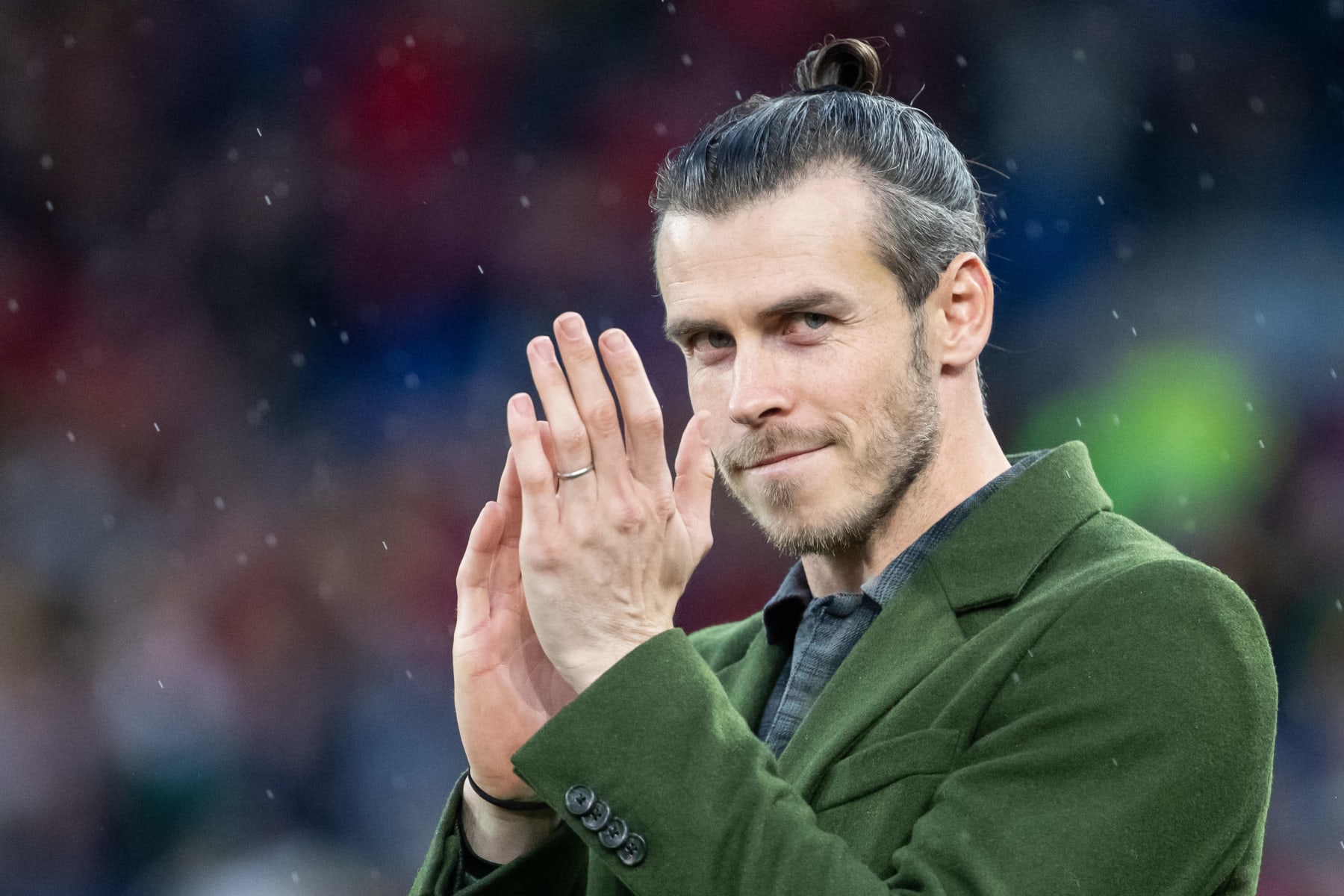 CARDIFF, WALES - MARCH 28: Gareth Bale gives a speech to the supporters of Wales during the UEFA EURO 2024 Qualifying Round match between Wales and Latvia at the Cardiff City Stadium on March 28, 2023 in Cardiff, Wales. (Photo by Athena Pictures/Getty Images)