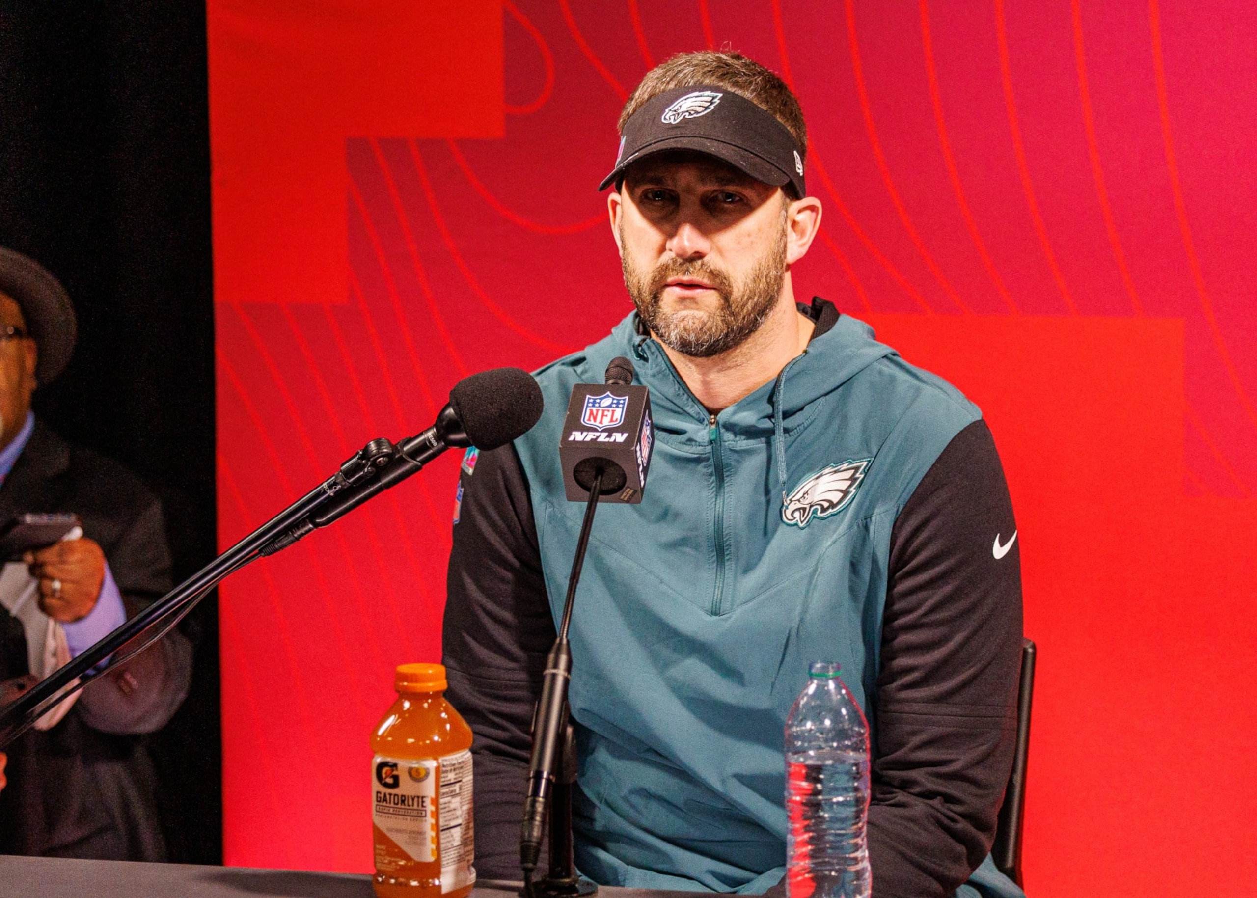 GLENDALE, AZ - FEBRUARY 12: Philadelphia Eagles head coach Nick Sirianni speaks in a post-game interview after Super Bowl LVII between the Philadelphia Eagles and the Kansas City Chiefs on Sunday, February 12th, 2023 at State Farm Stadium in Glendale, AZ. (Photo by Adam Bow/Icon Sportswire via Getty Images)