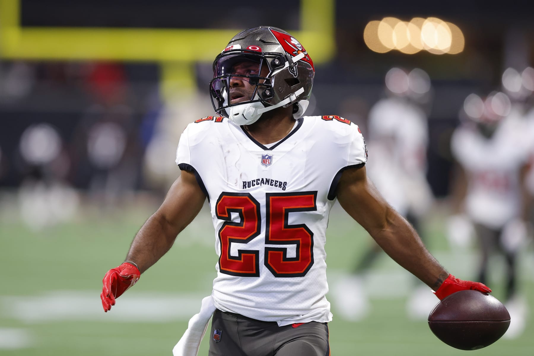 ATLANTA, GA - JANUARY 08: Giovani Bernard #25 of the Tampa Bay Buccaneers warms up prior to the game against the Atlanta Falcons at Mercedes-Benz Stadium on January 8, 2023 in Atlanta, Georgia. (Photo by Todd Kirkland/Getty Images)